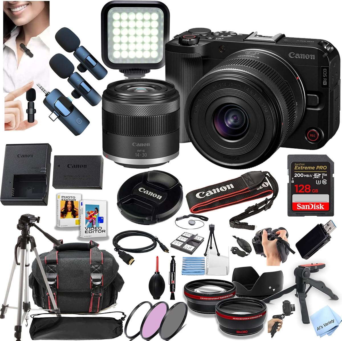Canon EOS R50V Mirrorless Camera with 14-30mm Lens + 128GB Extreme Memory, Wireless Lavalier Microphones, Lenses, Filters, Case, Tripod, Flash, Software, and More (Content Creator Bundle) (Renewed)