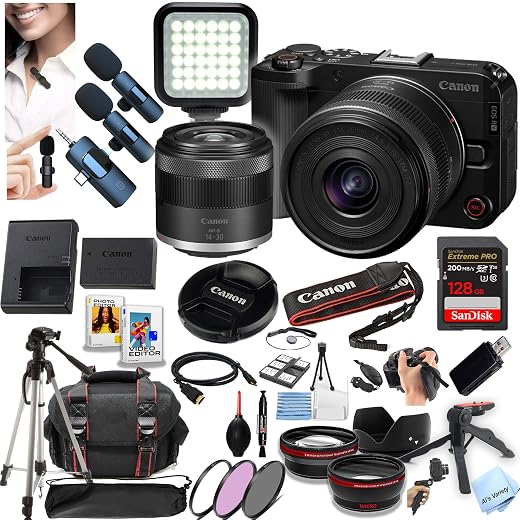 Canon EOS R50V Mirrorless Camera with 14-30mm Lens + 128GB Extreme Memory, Wireless Lavalier Microphones, Lenses, Filters, Case, Tripod, Flash, Software, and More (Content Creator Bundle) (Renewed)