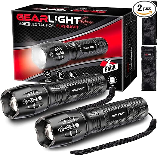 GearLight LED Flashlights - Mini Camping Flashlights with High Lumens, 5 Modes, Zoomable Beam - Bright and Versatile Flash Light for Outdoor and Home Use - S1000-2 Pack, (Batteries Not Included)