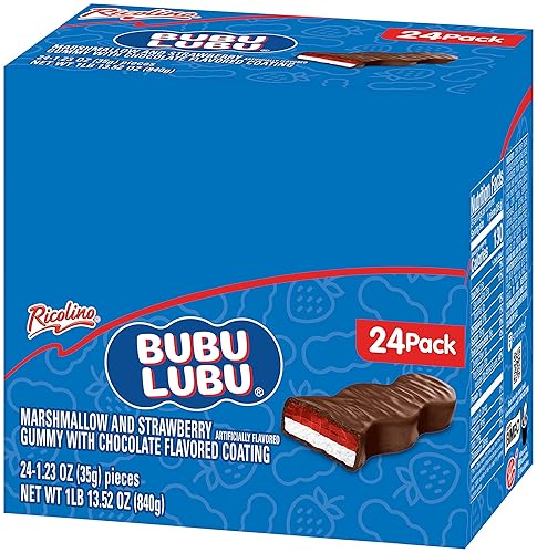 Vista 3 de Ricolino Bubulubu - Gomitas de malvavisco con sabor artificial a fresa con barra de revestimiento con sabor a chocolate, 1 libra y 13.52 onzas, caja