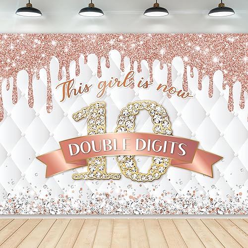 Telón de fondo de feliz cumpleaños 10 de 7 pulgadas de ancho x 5 pulgadas de alto, para niñas, oro rosa, rosa, oro rosa, diamantes de 10 años, fondo