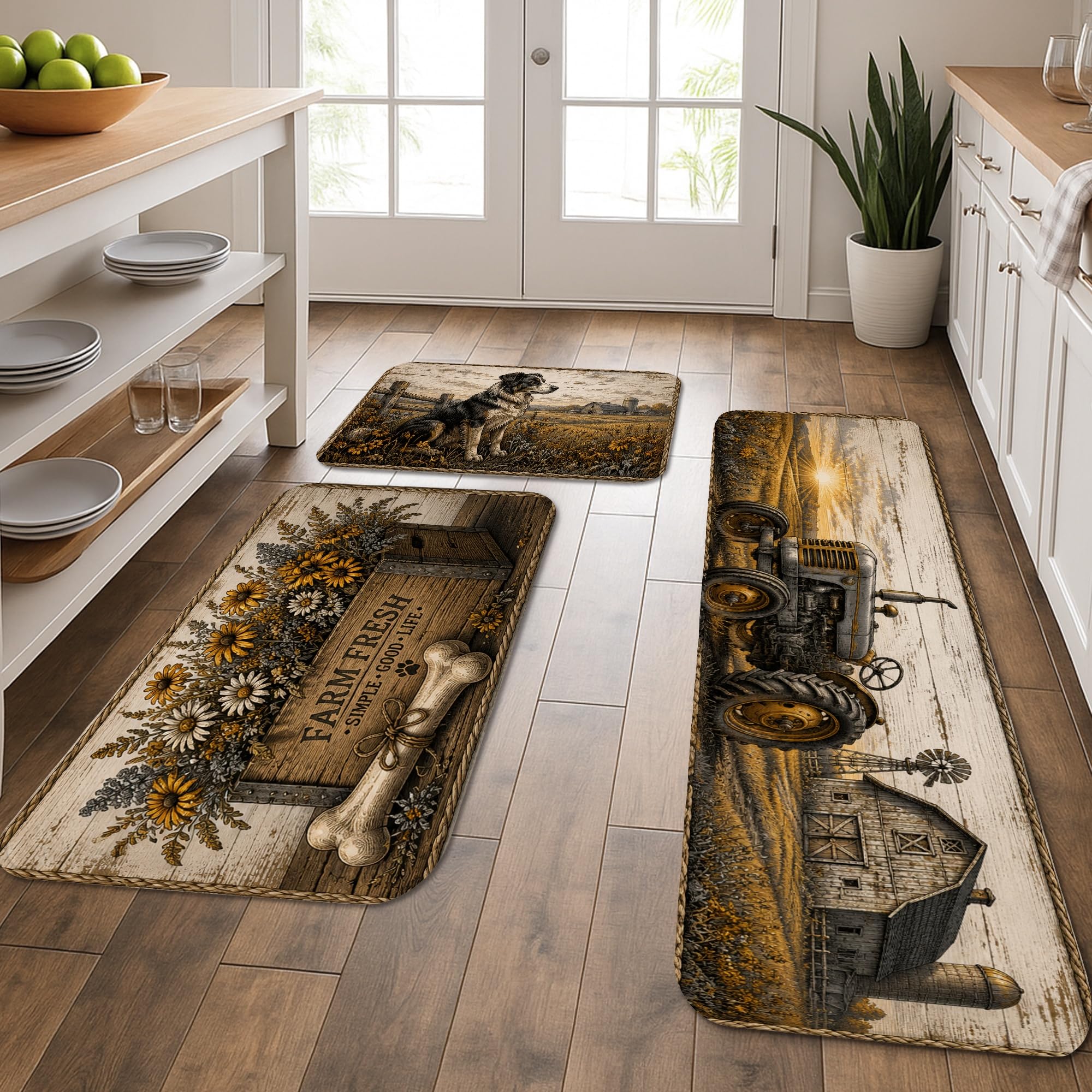 Lot de 3 tapis de cuisine lavables et tapis de sol vintage décoratif pour évier