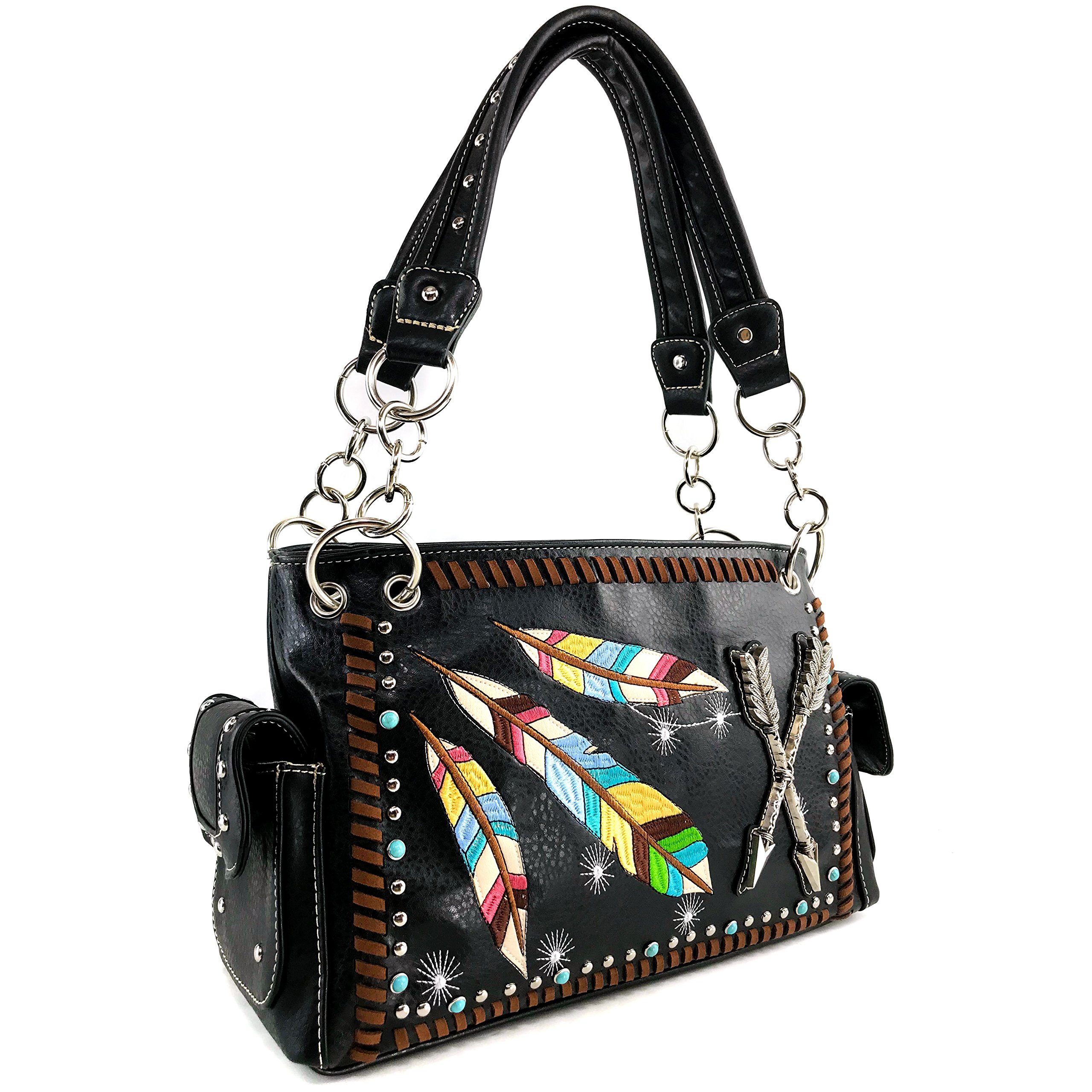 Justin West Native Color Feather Arrow Turquoise Stud Weave Fringe Conceal Carry Shoulder Handbag Purse | Trifold Wallet (Black Handbag Only)