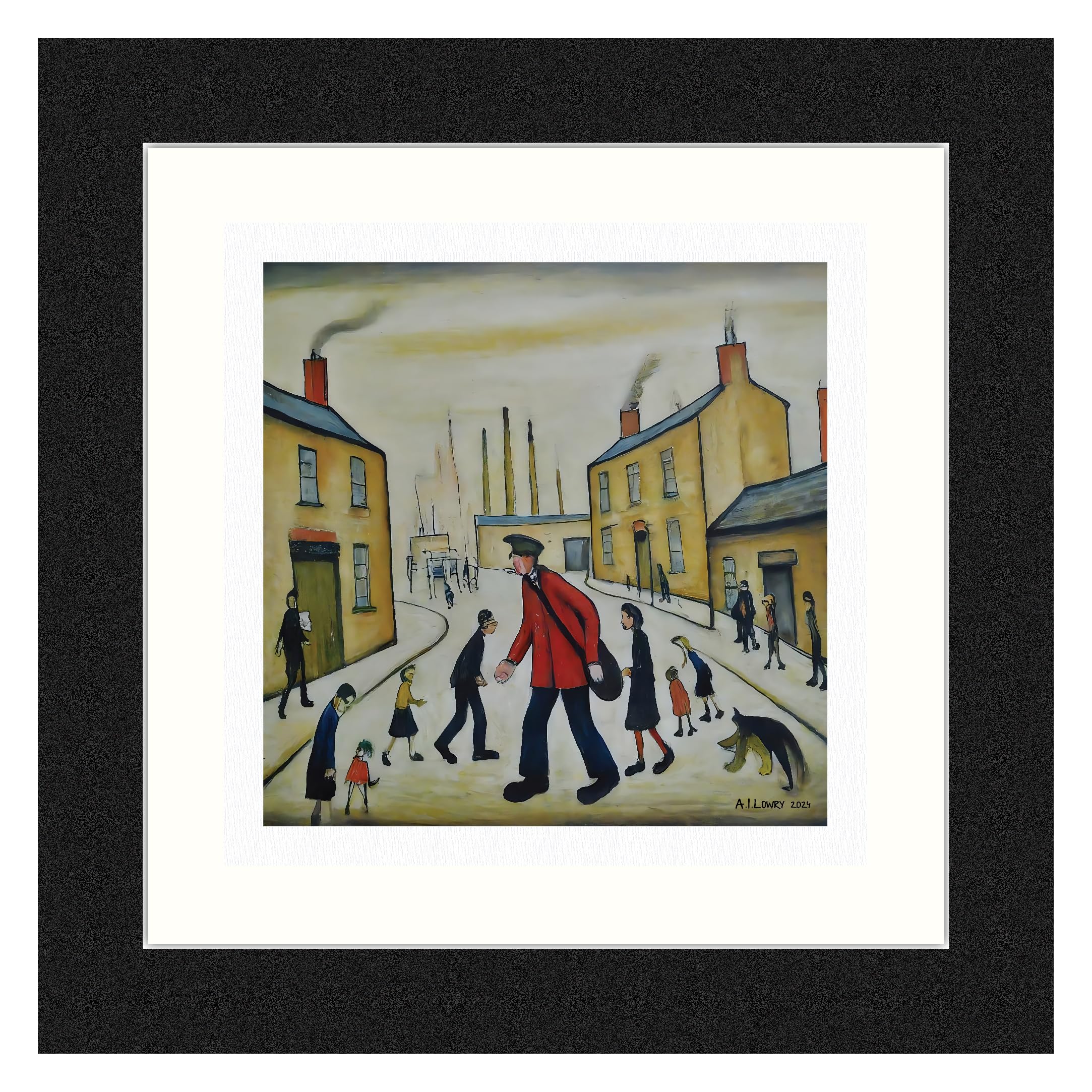 Greetingles Lowry-Style 12"/31cm Square Framed Print. Beautiful Black Ash Frame (Lowry, A Postman's Round) — image 1
