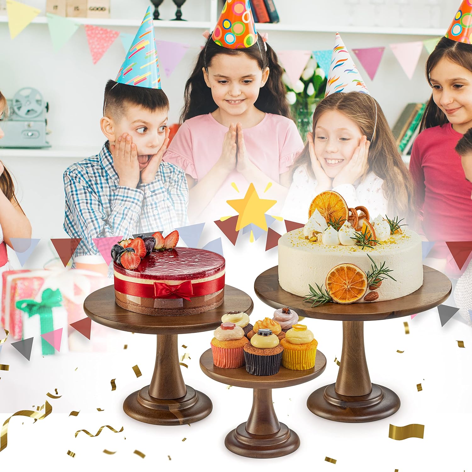 Set of 3 Acacia Wood Cake Stand Set – Wooden Rustic Farmhouse Cupcake Stand - Wedding and Birthday Decorating Cake Pedestal Stand - Dessert Display Serving Use at Parties, Restaurants, Birthday