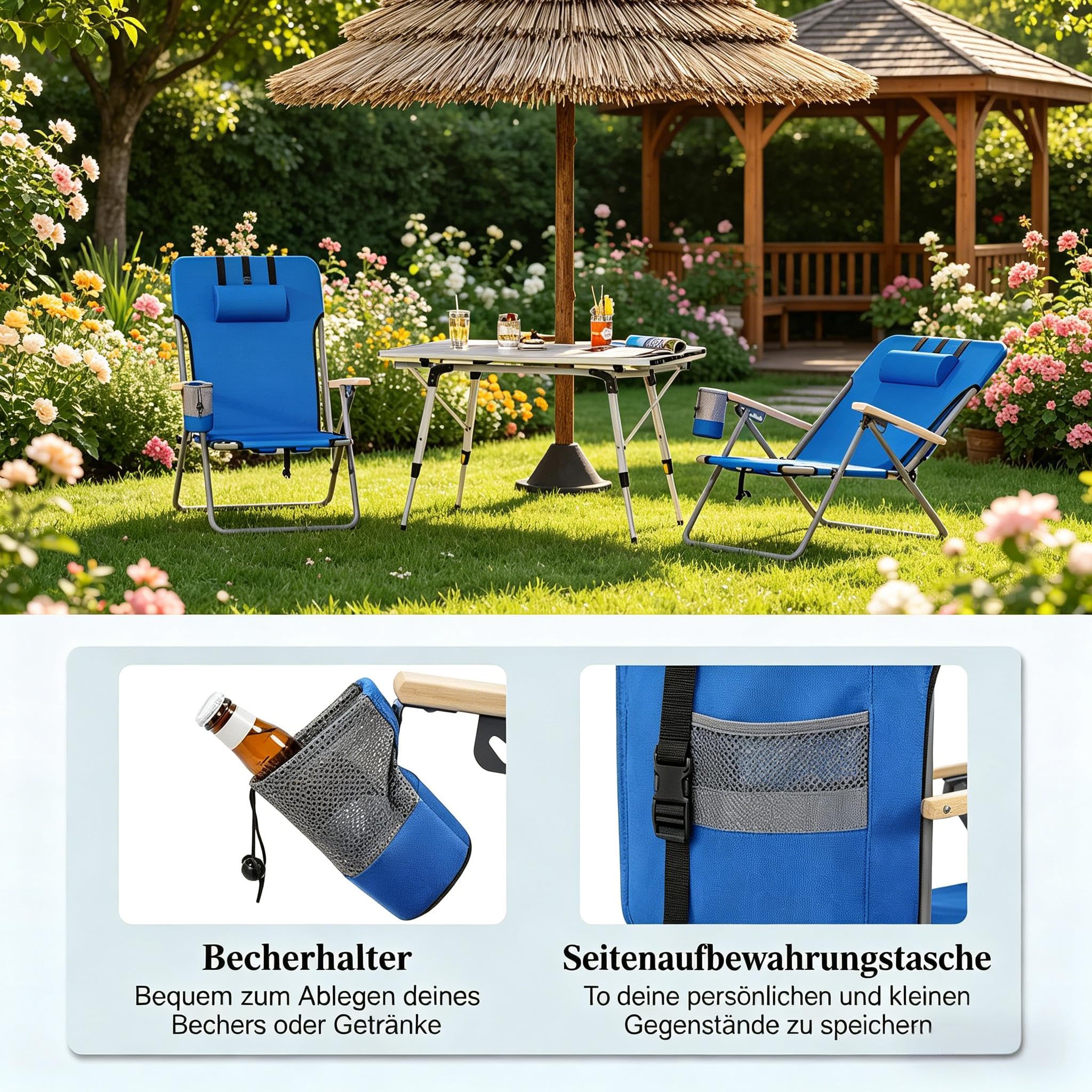 vutizal Klappbarer Campingstuhl mit 4-Fach Verstellbarer Rückenlehne, Leichter Liegestuhl für Strand & Garten, Picknickstuhl als Rucksack faltbar, bis 150 kg, blau