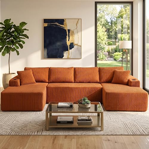 124" Oversized Sectional Couches for Living Room, Modern Boneless Cloud Couch with Cup Holders & Storage Pocket, Comfy Corduroy Modular Sectional U Shape Sofa Couch for Apartment,Orange Couch in a Box