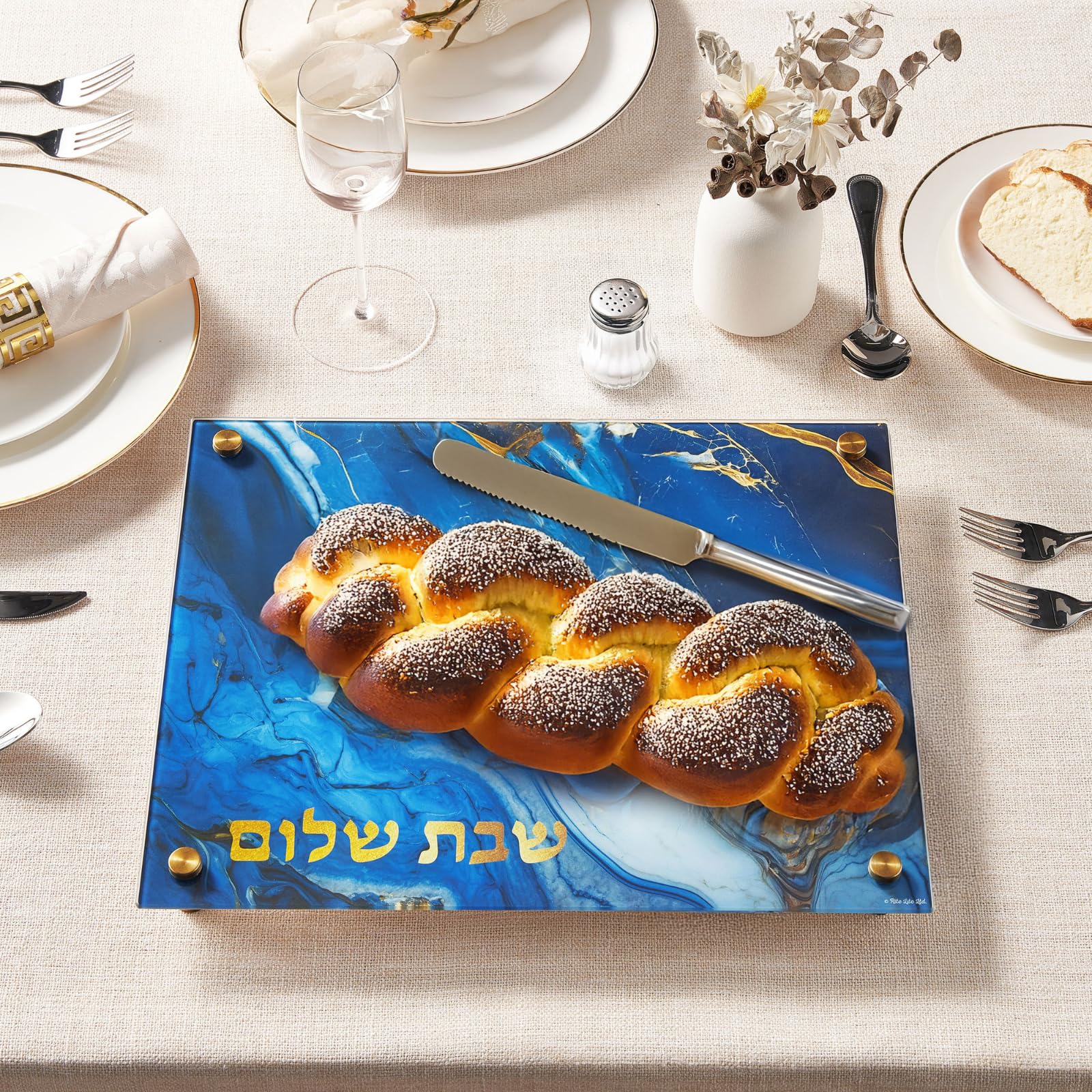 Rite Lite Glass Challah Board Blue Marble Design Shabbat Cutting Board Jewish Home Decor Challah Slicing Board Judaica Gift for Holiday & Sabbath Celebrations 15"L