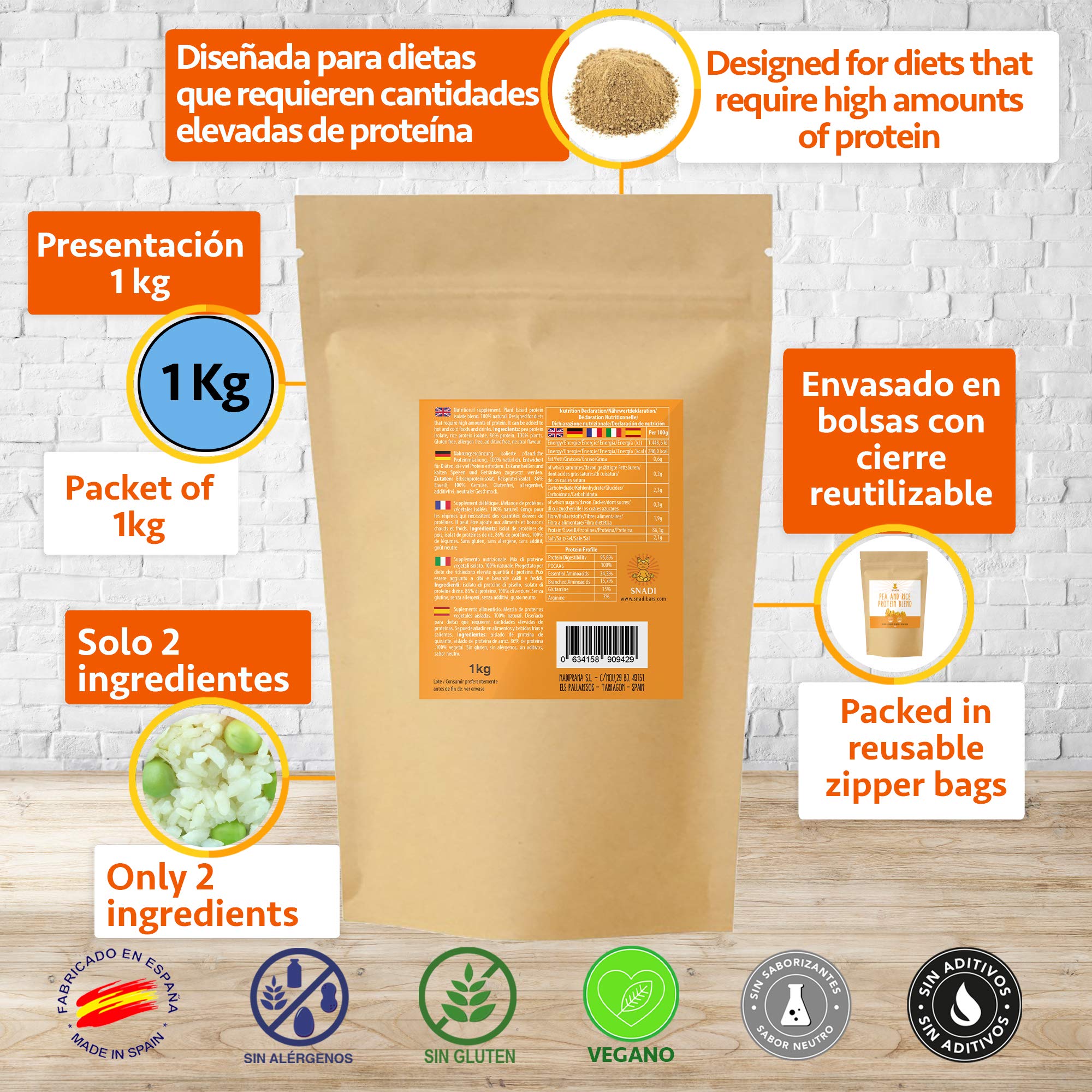 Isoliertes Veganes Protein aus Erbse und Reis | 1kg | 100% Rein | Hoher Proteingehalt | Glutenfrei | Leicht Verdaulich | Ohne Zusatzstoffe | Nahrungsergänzungsmittel