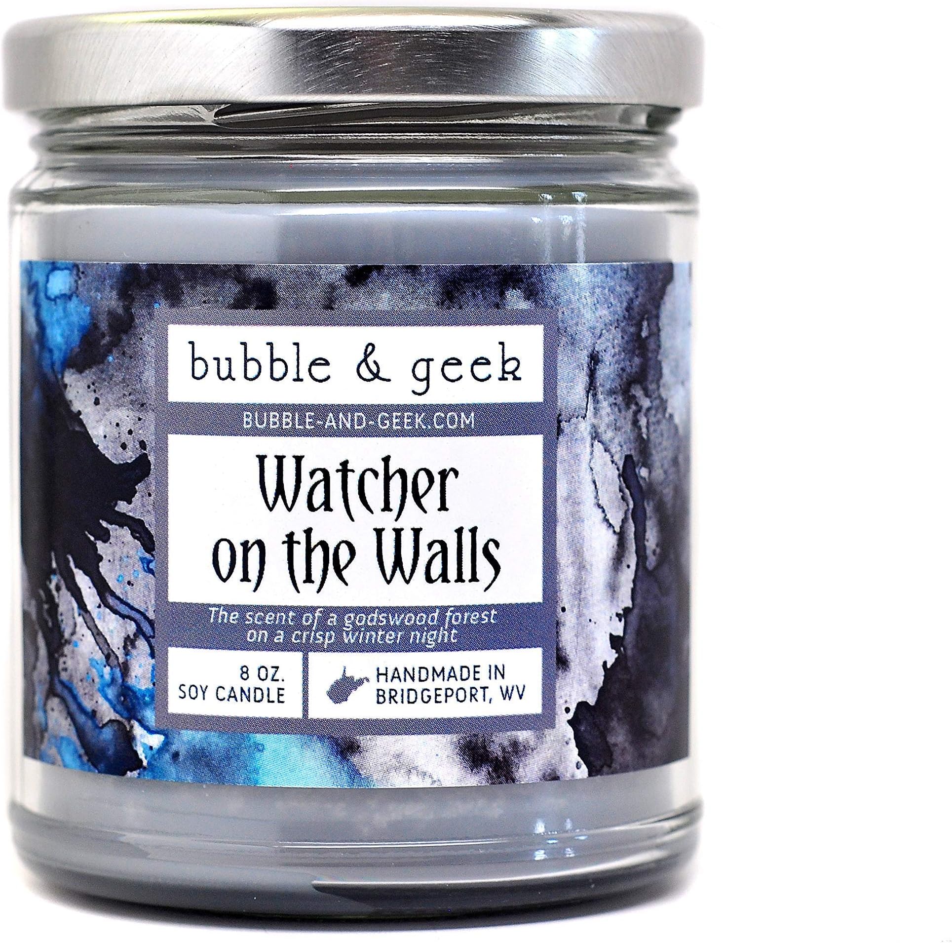 Bubble and Geek"Watcher on the Walls" Scented Soy Candle, woodsy, 8 oz Jar, Handmade in the USA, for book and tv lovers