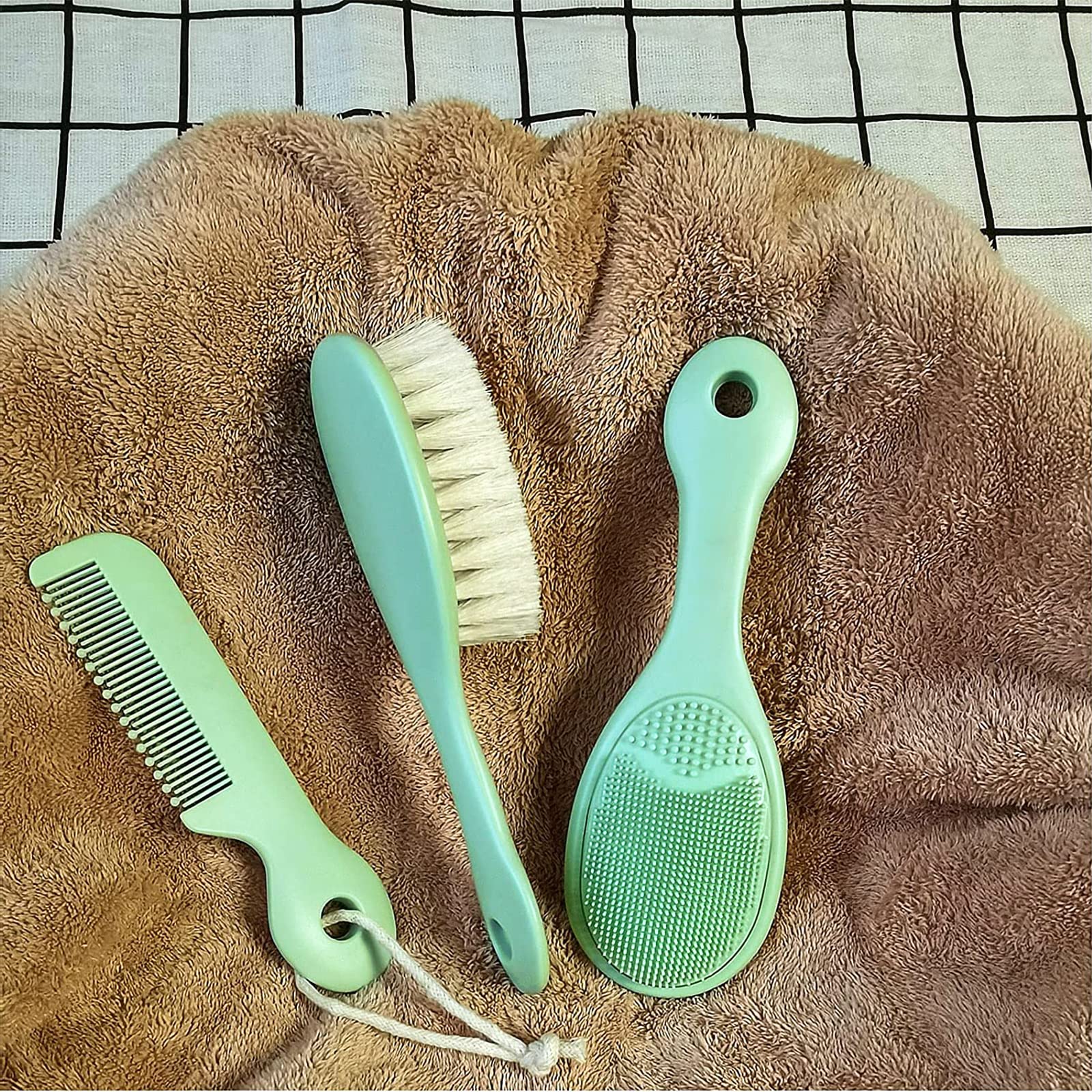 Set di 3 spazzole per capelli e pettini per neonati e bambini, con morbide setole di capra, spazzola da bagno in silicone e pettine per neonati e bambini, regalo perfetto per la lista dei