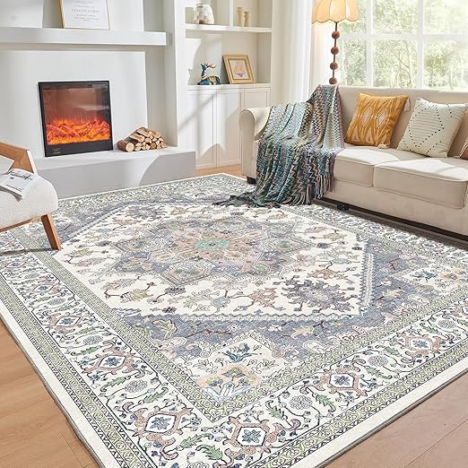 OPPODREAM Soft 10x14 Area Rugs, Washable Rugs 10x14 with Non Slip Backing, Low-Pile Faux Cashmere 10 x 14 Carpet, Purple & Green & Cream
