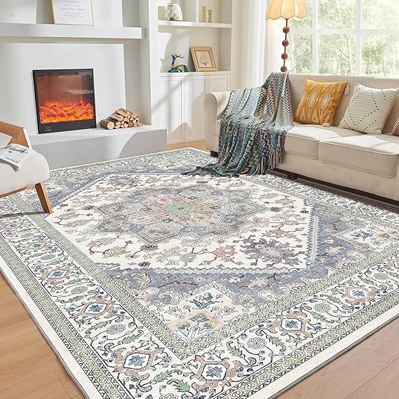 OPPODREAM Soft 10x14 Area Rugs, Washable Rugs 10x14 with Non Slip Backing, Low-Pile Faux Cashmere 10 x 14 Carpet, Purple & Green & Cream