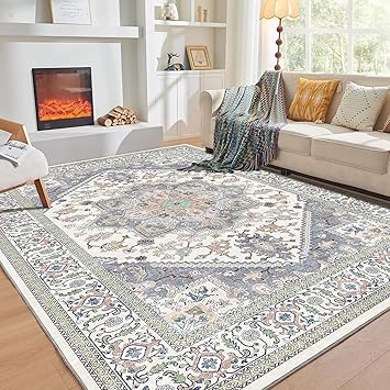 OPPODREAM Soft 10x14 Area Rugs, Washable Rugs 10x14 with Non Slip Backing, Low-Pile Faux Cashmere 10 x 14 Carpet, Purple & Green & Cream
