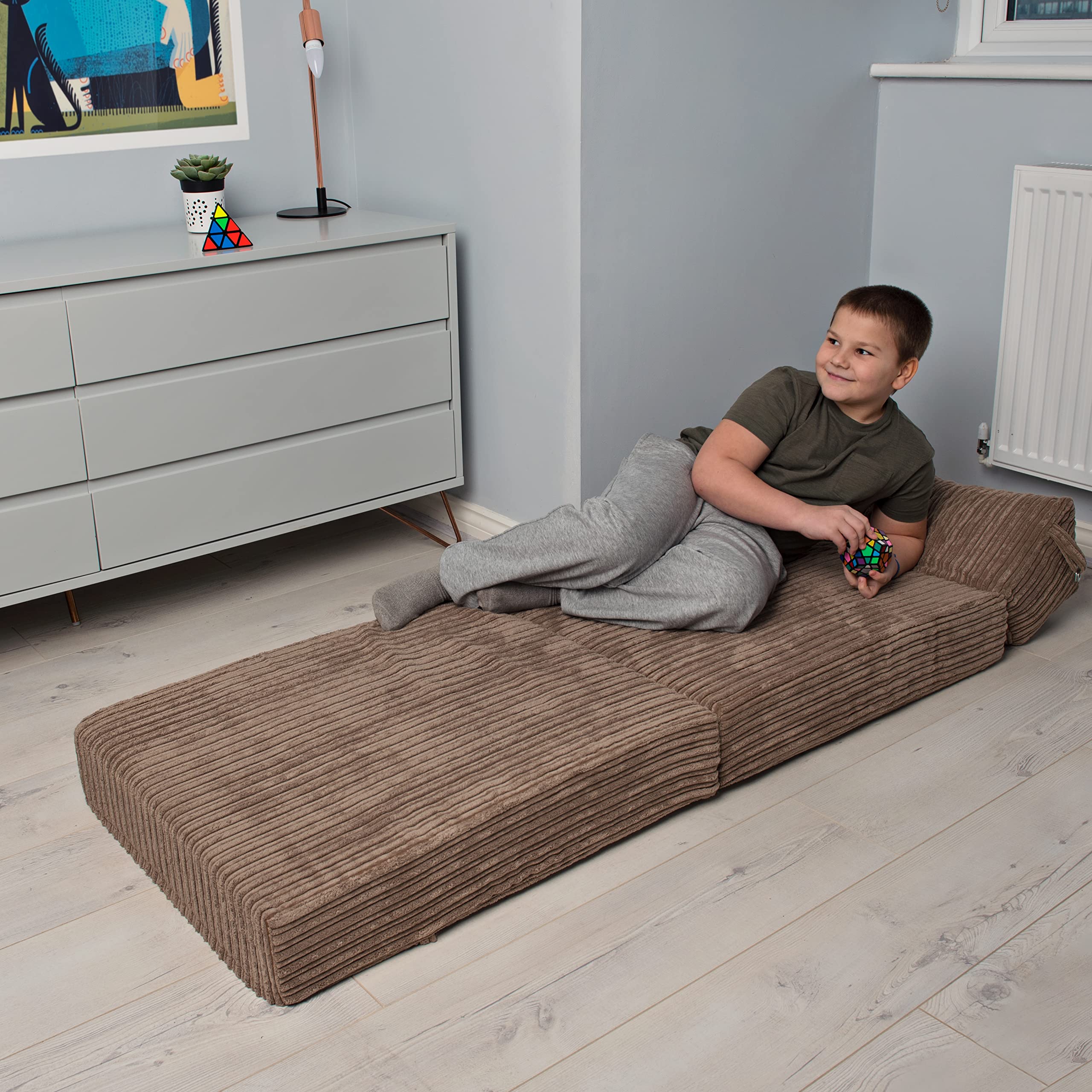 Loft 25 Futon Pliable Jumbo Cord Single Z-Bed Matelas Sofa | Sleepover Guest Salon | Soft et Confortable Chaise | léger et Durable | Qualité Cordon Tissu Meuble (Moka)