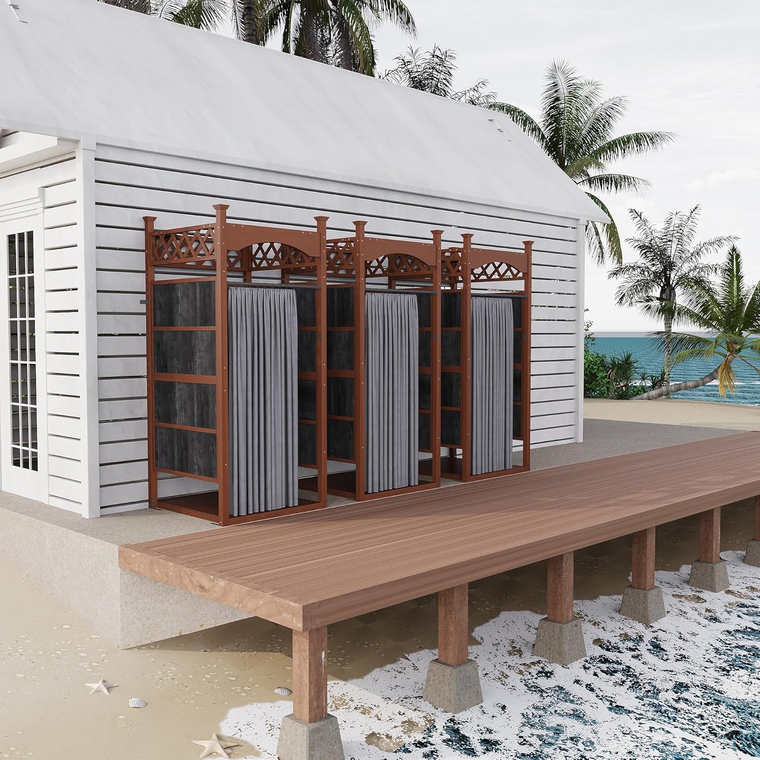 Outdoor Shower Enclosure with Shower Mat & Curtain, Solid Wood Privacy Outside Shower Stall, Outdoor Changing Room for Pool Wash Station, Patio or Beach Rinse Station