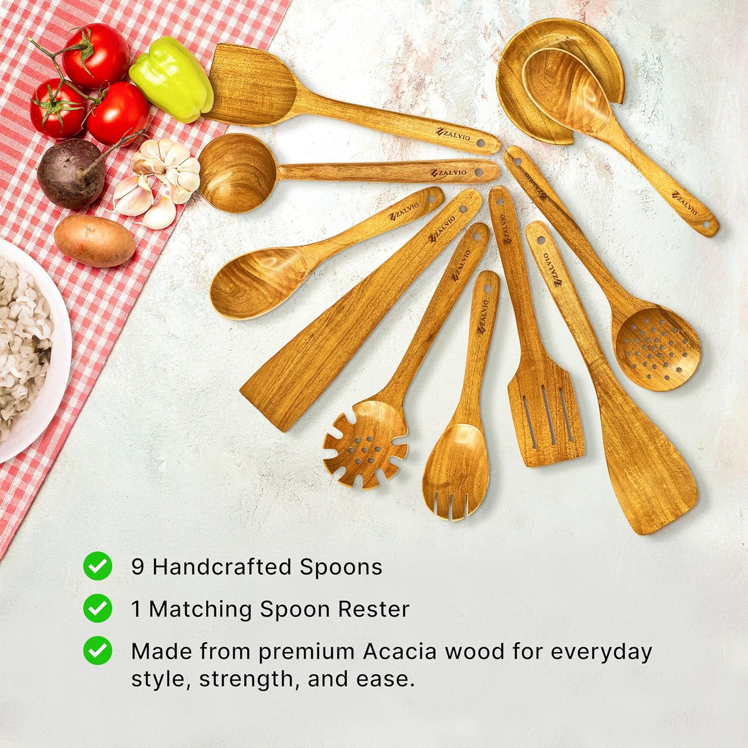 Zalvio 10-Piece Acacia Wood Utensil Set – Handmade Wooden Spoons with Spoon Rest | Heat-Resistant Eco-Friendly Cooking Tools for Nonstick Cookware