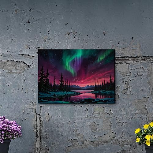 Miniatura 3 de Aurora Borealis, Northern Lights Art, framed canvas print, snow capped mountain landscape art, synthwave vaporwave, Art Decor, Wall