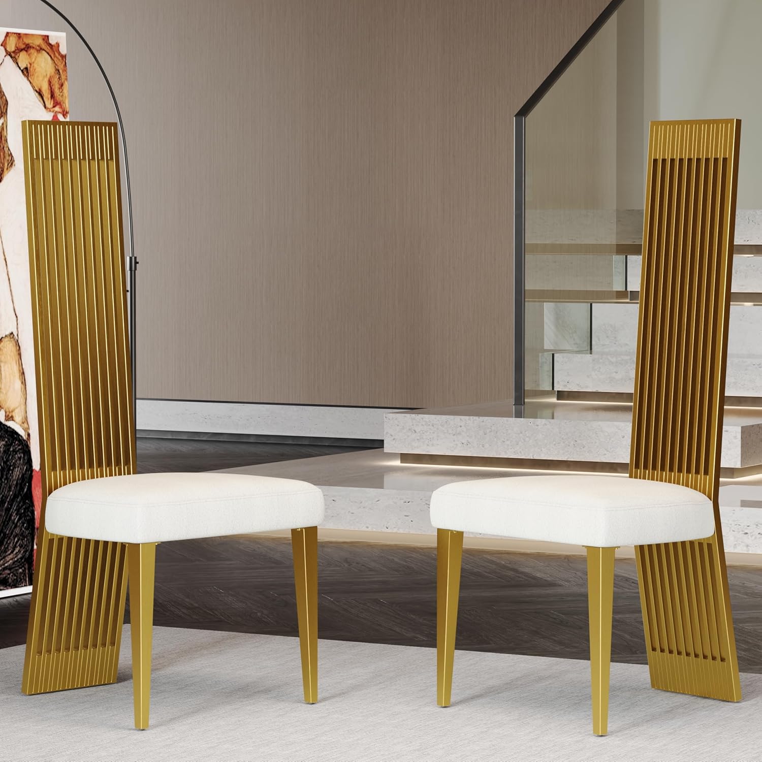 White and Gold Dining Chairs Set of 2, Upholstered High Back