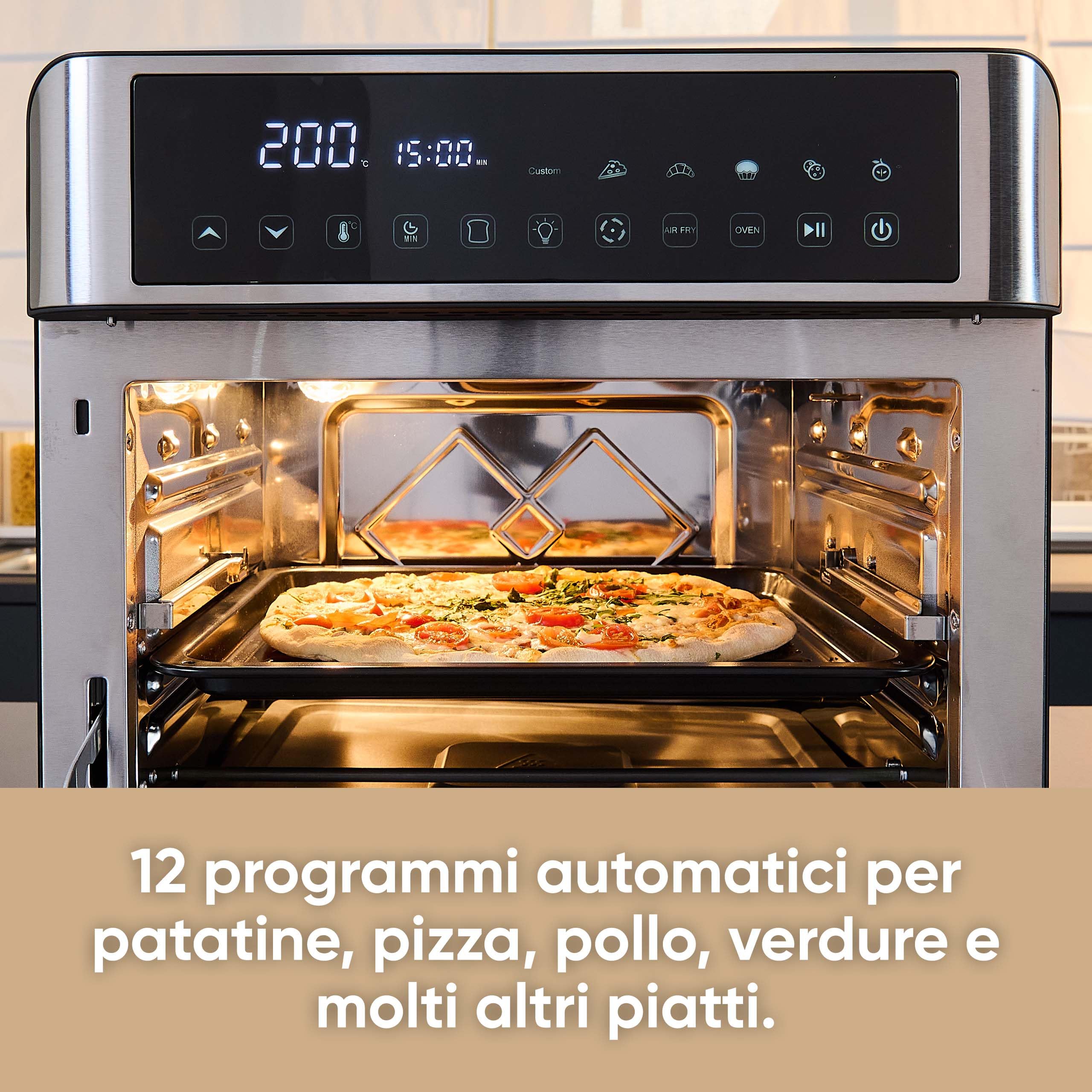 SEVERIN Forno Elettrico e Friggitrice ad Aria, 2200W, 25 Litri, 12 Programmi, Display Touch, No Pre-riscaldamento, Accessori Girarrosto, 41,0 x 45,0 x 37,0 cm, Nero/Inox - TO 9579