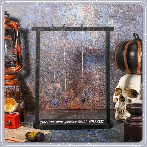 Miniatura 5 de Soporte de exhibición de péndulo de madera, estante de exhibición de cristal negro para piedras, rocas, soporte de péndulo de cristal con 3 piezas