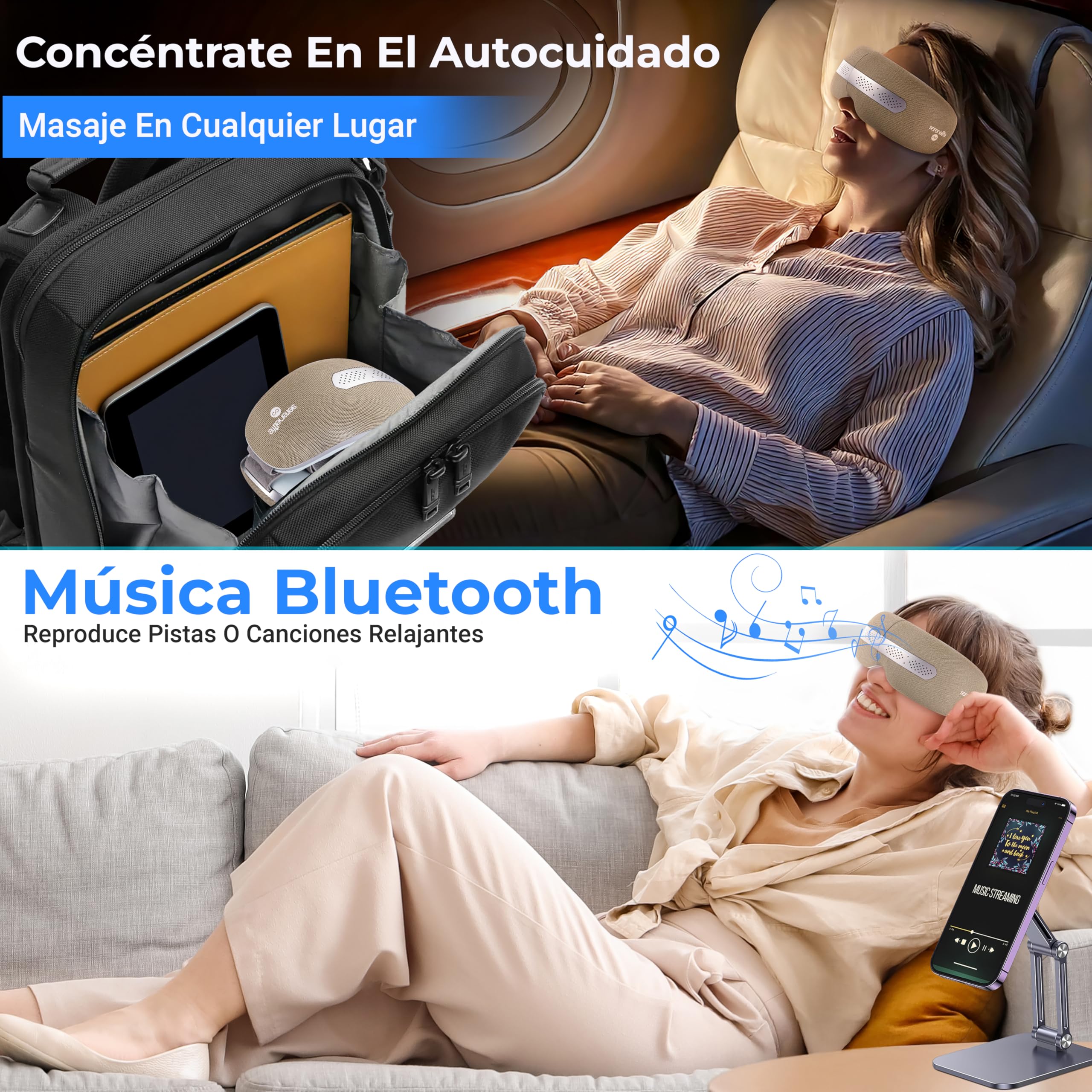 SereneLife masajeador de ojos con calor y enfriamiento, Compresión de aire y vibración, 5 modos de masaje, Música integrada, Gafas plegables, Inalámbrico y recargable para la relajación ocular