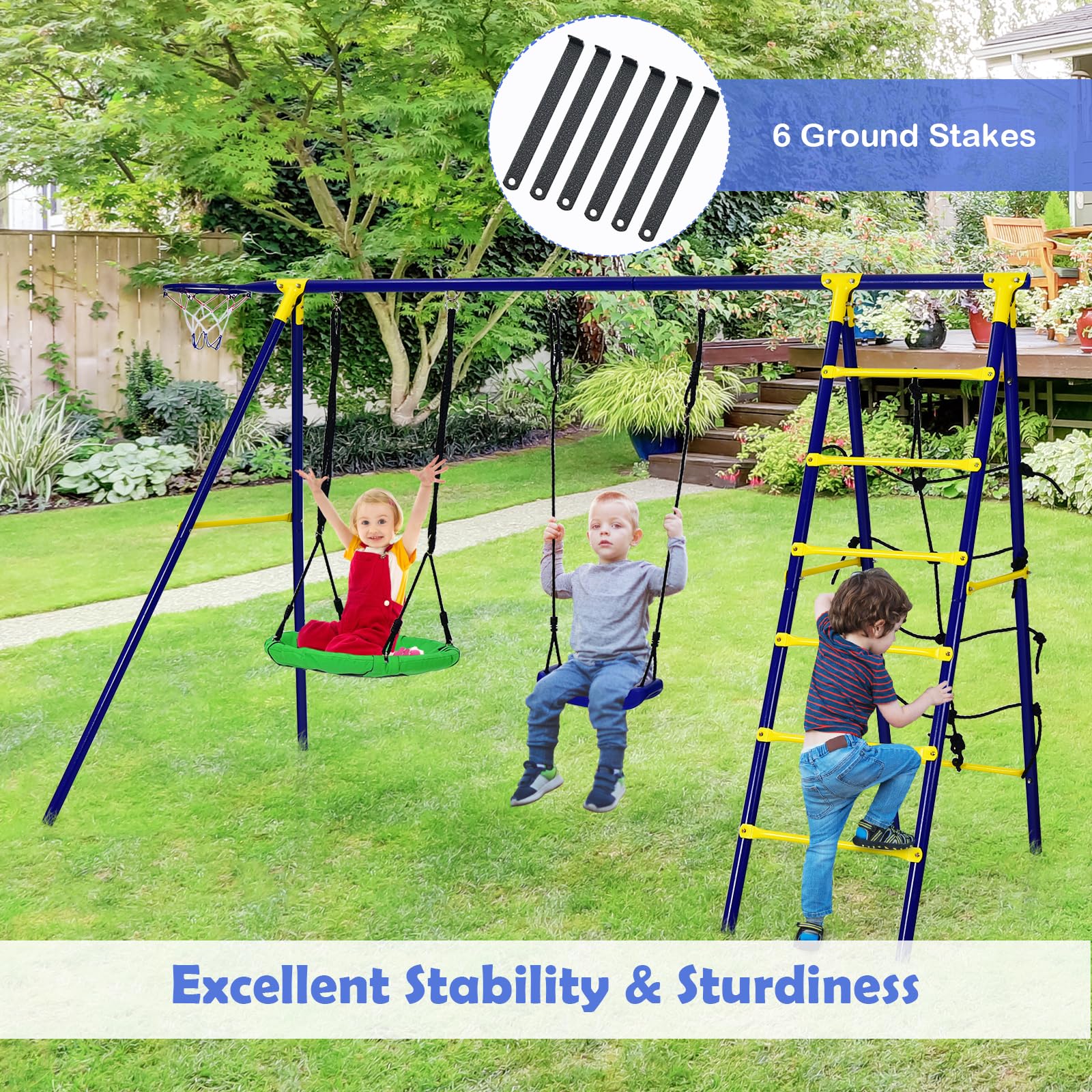 KOMFOTTEU Set di altalene per bambini, struttura da gioco 5 in 1 con 2 altalene, altalena da giardino, altalena doppia per bambini all'aperto