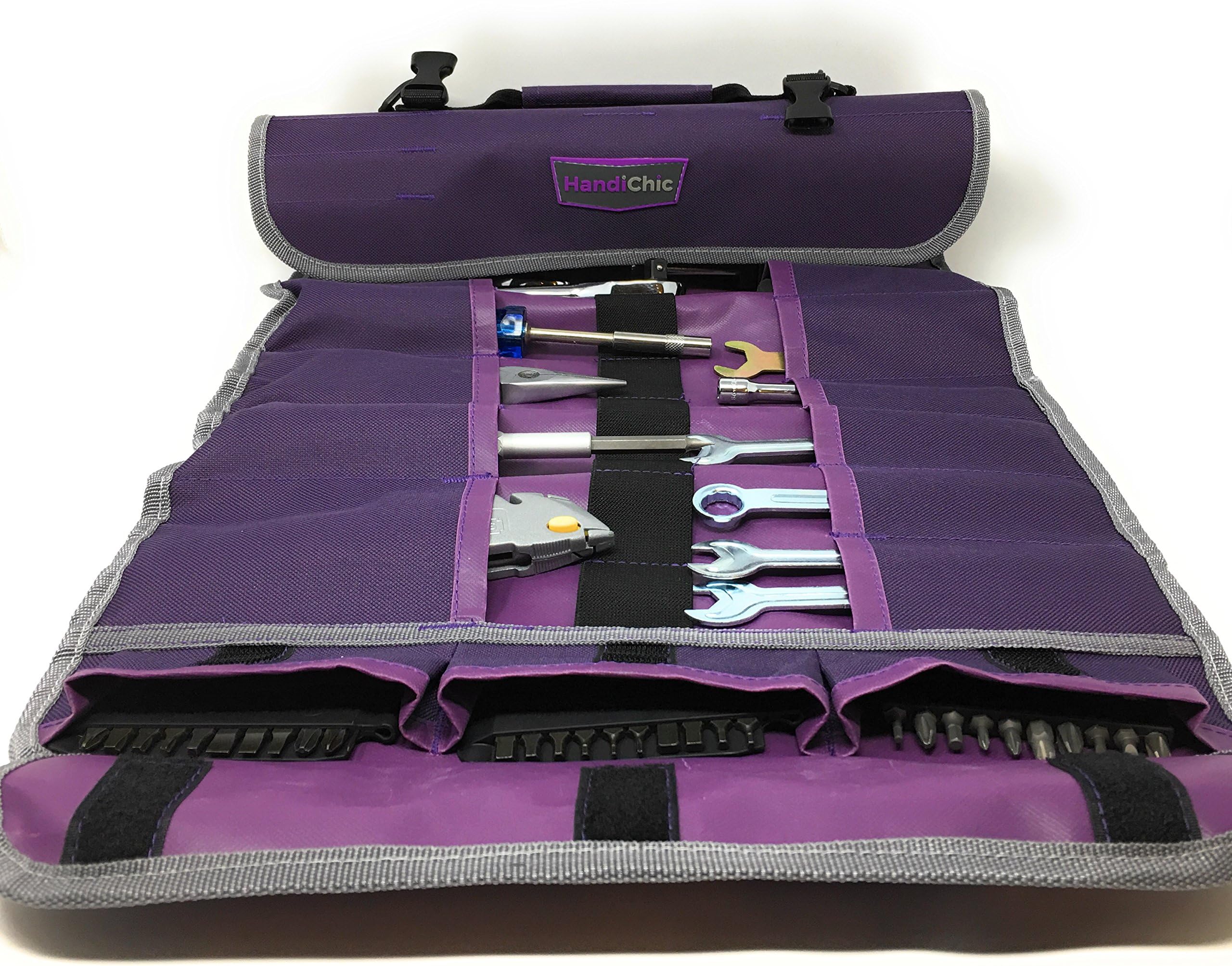 25 Pocket Tool Roll Up Organizer, Purple Tool Bag Heavy Duty Clips for Closure. Holder Includes Hand and Adjustable Shoulder Strap for Easy Transport.