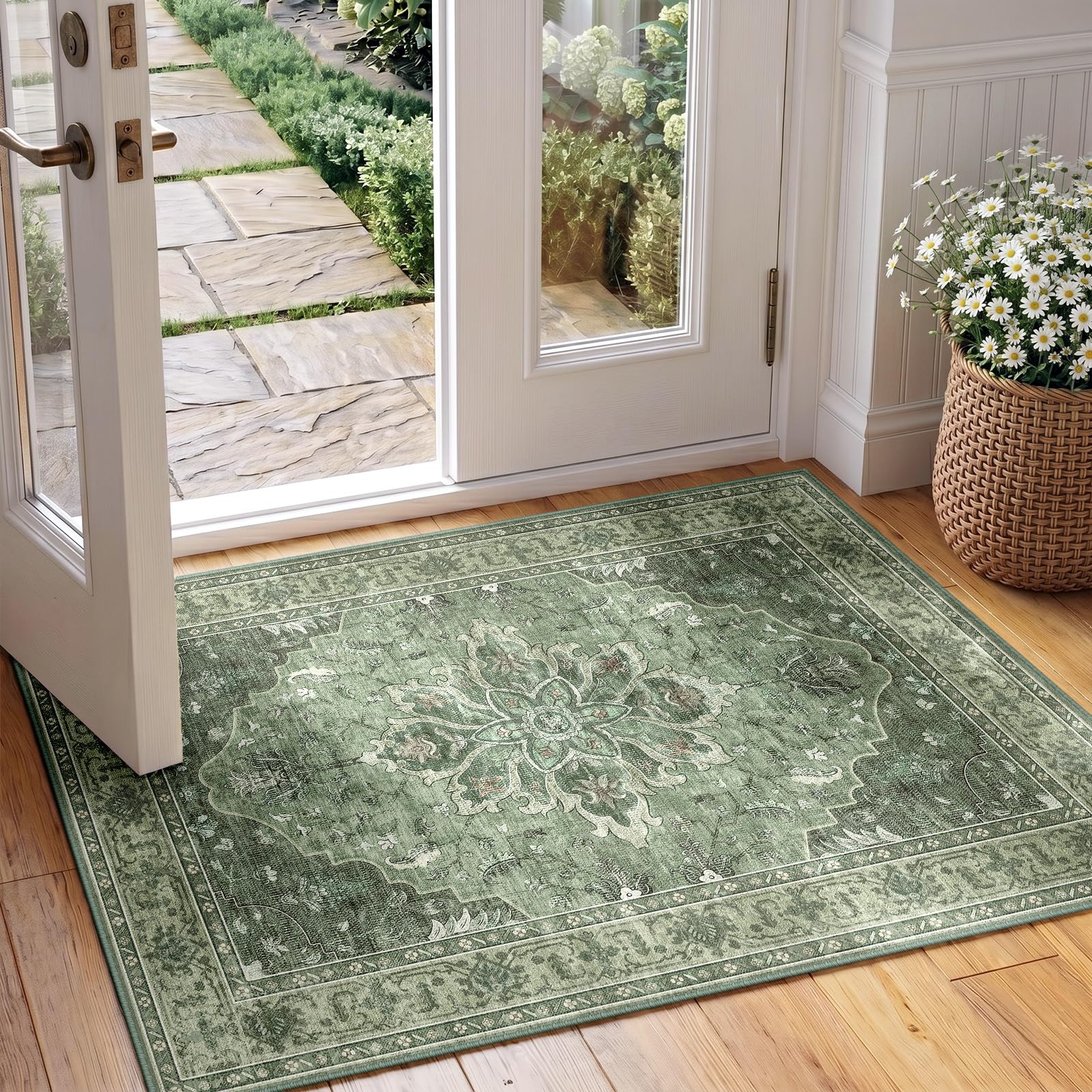 INOVADAY Machine Washable Rugs 60x90 cm Vintage Area Rug Low Pile Anti-Slip Carpet with Print Pattern for Living Room Bedroom Home Office Indoor Green/Grey โ image 1
