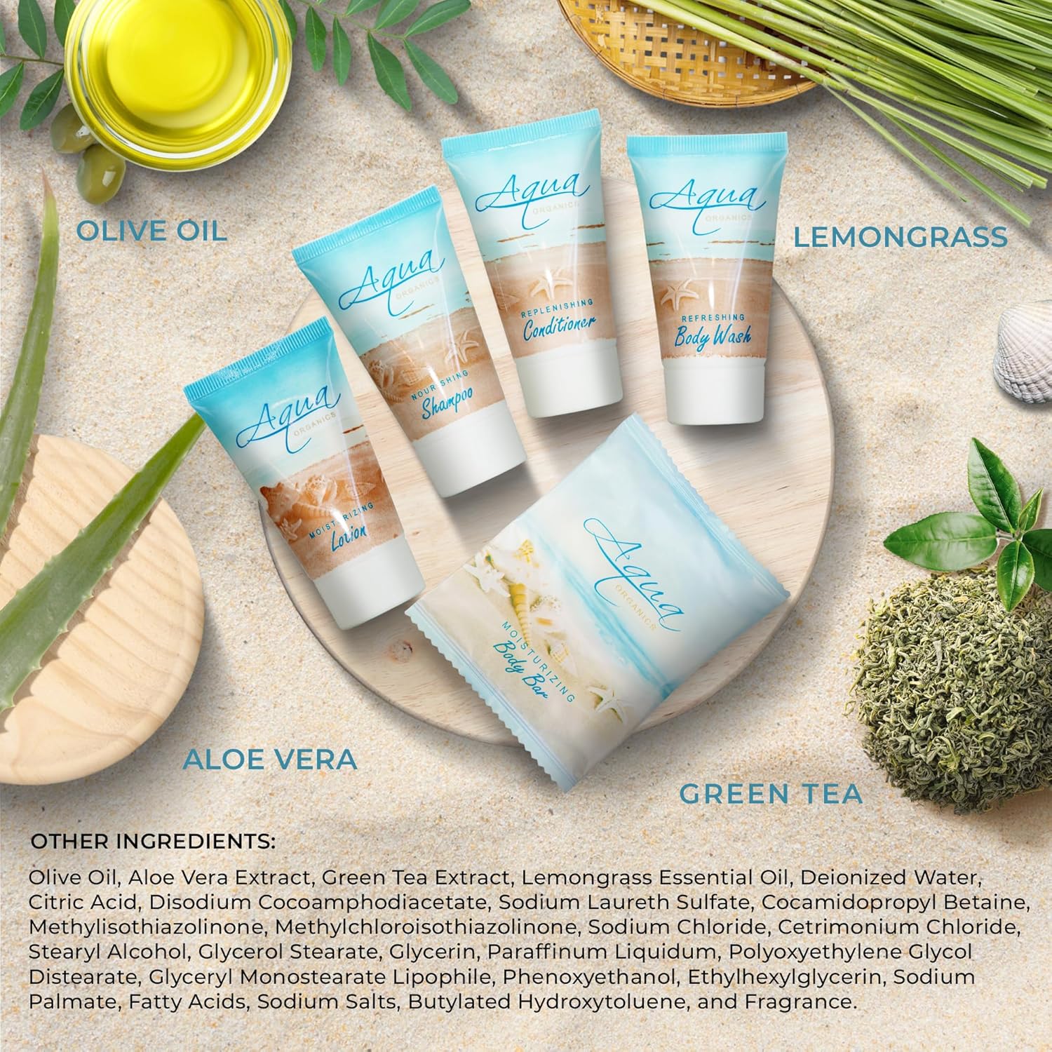 Aqua Organics Hotel Soaps & Toiletries Bulk Set | 1-Shoppe Amenities Kit | 1oz Shampoo & Conditioner, Body Wash, Lotion, 1oz Bar Soap | Travel Size | 75 Pieces