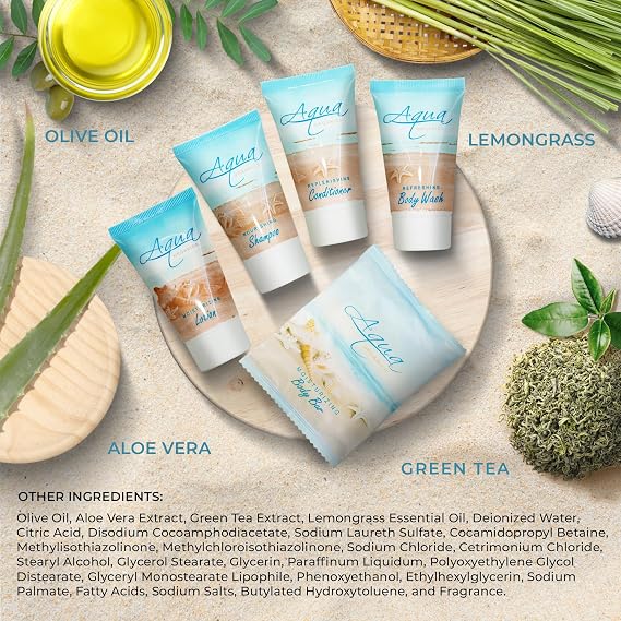 Aqua Organics Hotel Soaps & Toiletries Bulk Set | 1-Shoppe Amenities Kit | 1oz Shampoo & Conditioner, Body Wash, Lotion, 1oz Bar Soap | Travel Size | 75 Pieces