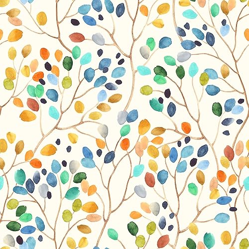 Papel tapiz floral para despegar y pegar, colorido bosque beige/naranja/azul/rojo, papel de contacto extraíble para decoración del hogar del cuarto