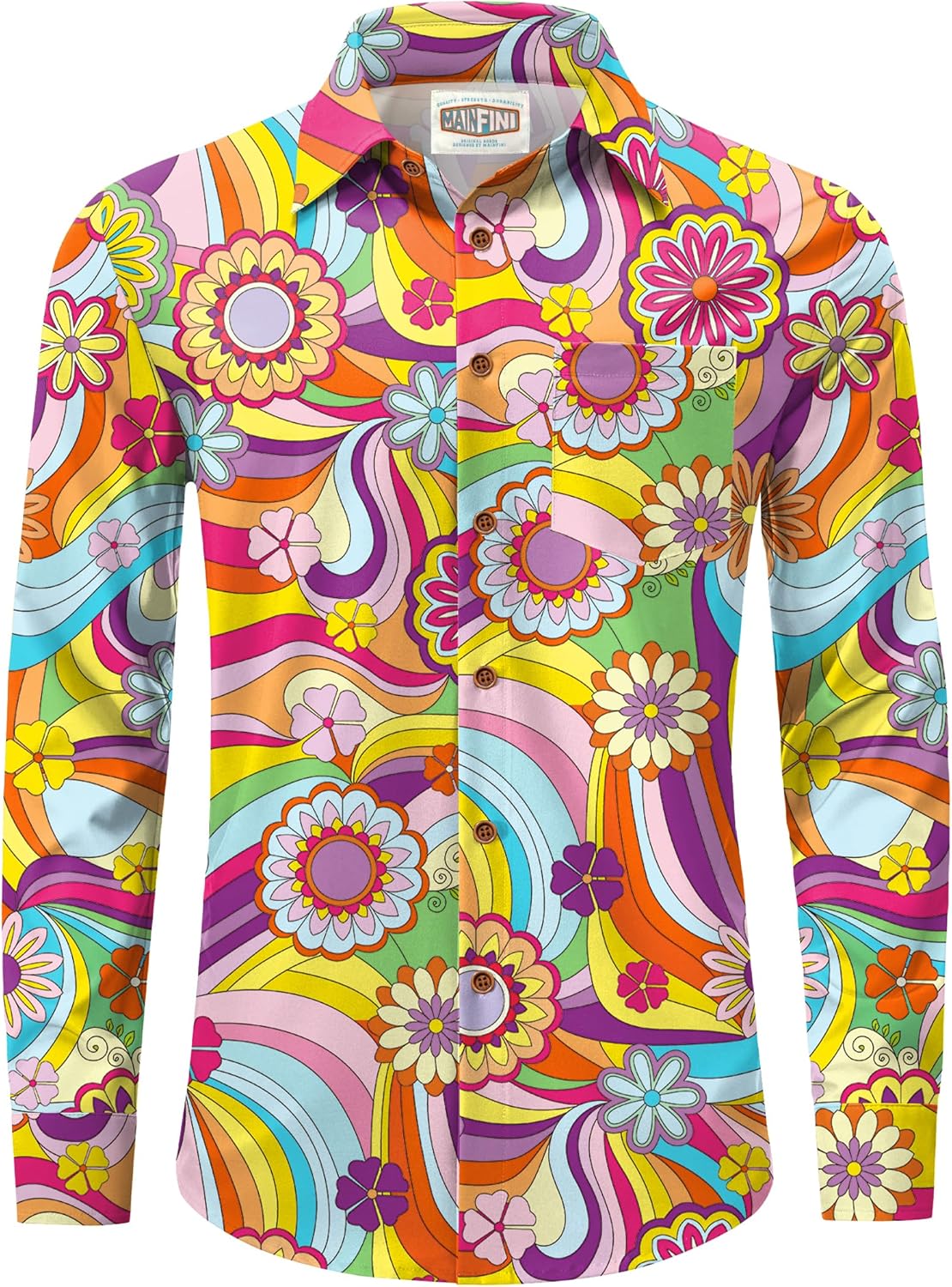Mainfini Men's 70s Hippies Dress Shirt Floral Paisley Printed Long Sleeve Button Shirts (S-XXL)
