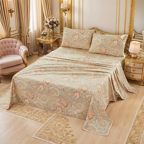 Brandream Paisley Bedding - Juego de sábanas de lujo de 800 hilos, 100% algodón egipcio, bolsillo profundo, 4 piezas, tamaño King