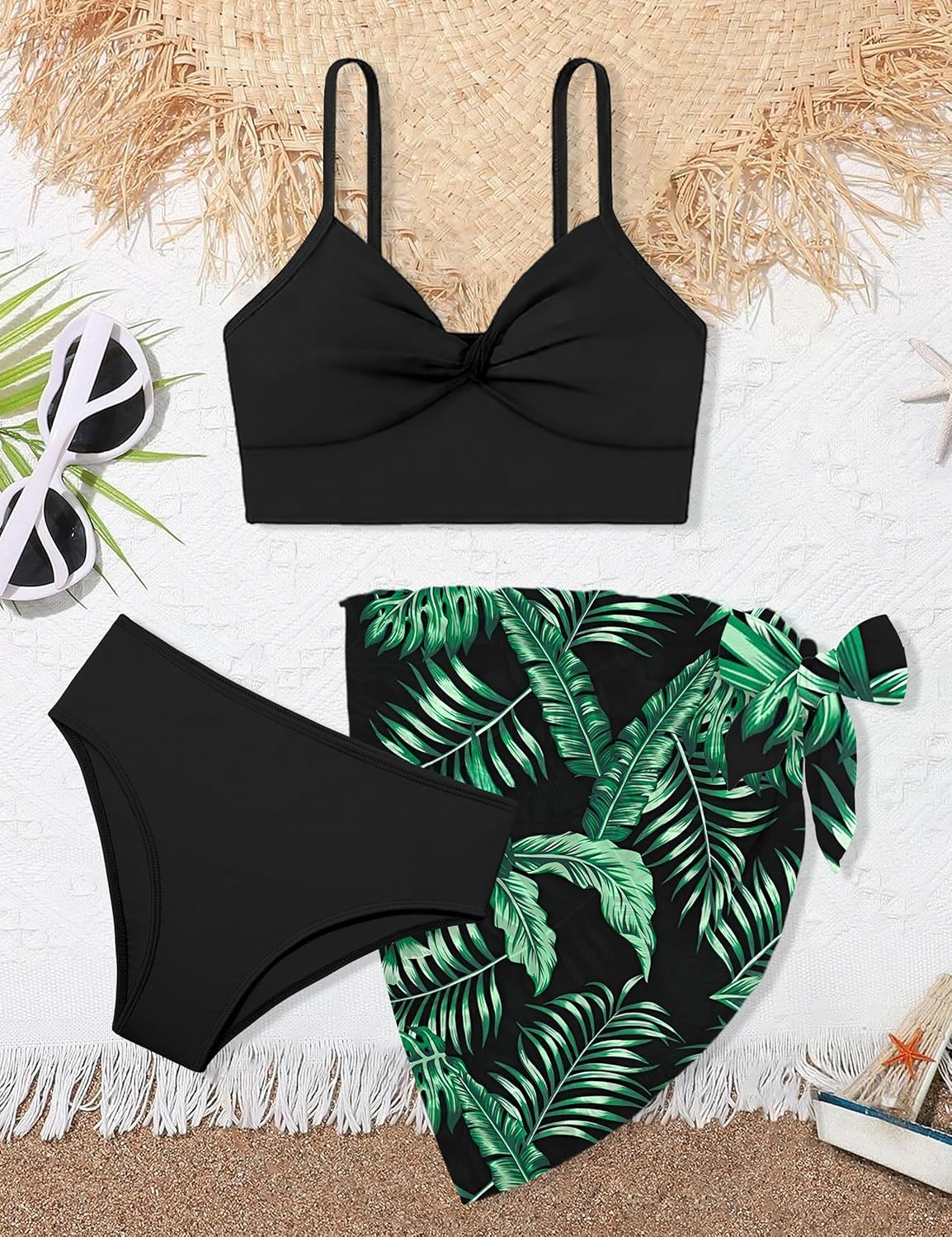 MIGU Girls Swimsuit Bathing Suit Solid Color Twist Cross Tropical Floral 3 Piece Girls' Swimwear Bikini with Cover Up 9-16T - Image 5