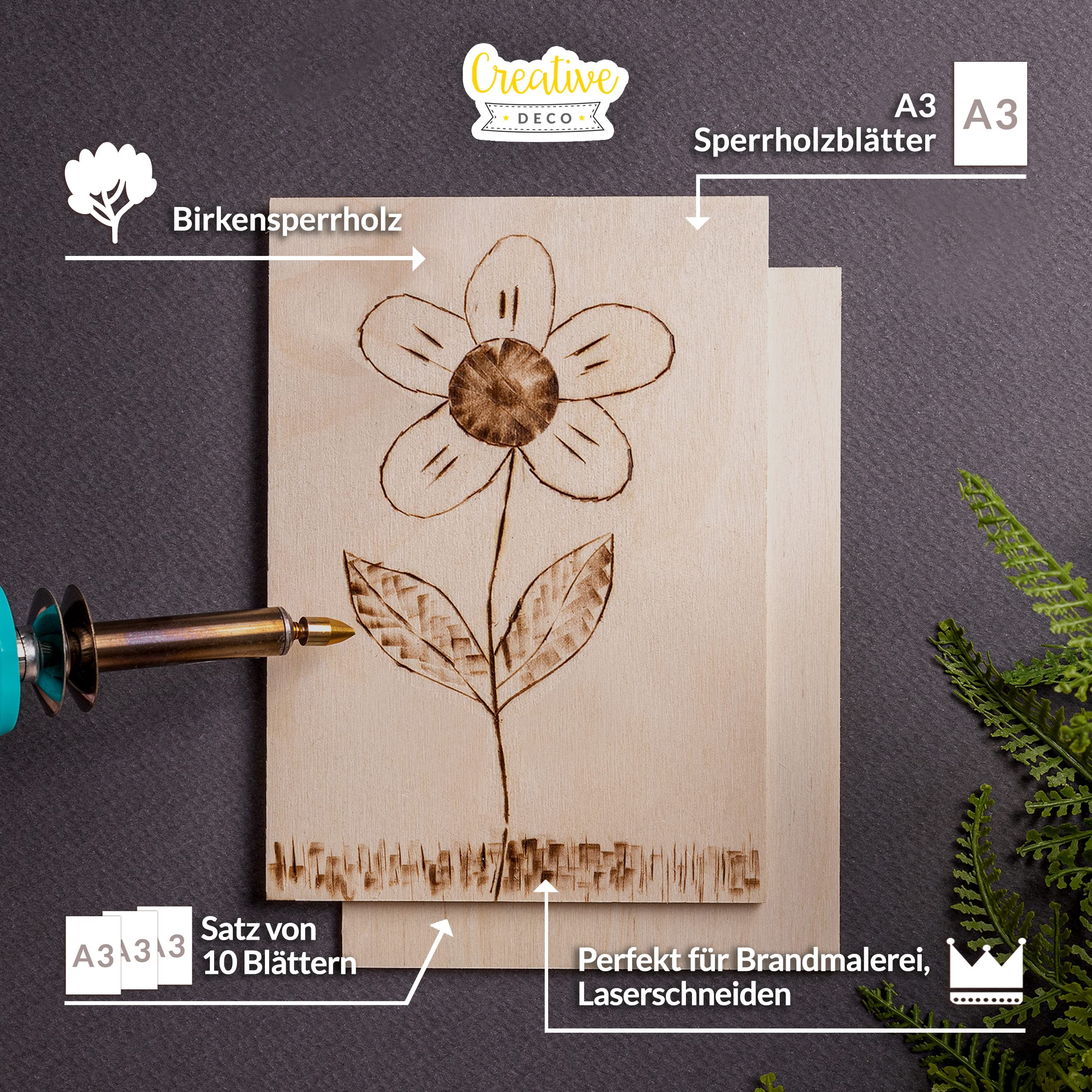 Creative Deco 10 x A3 Sperrholzplatte 3mm | 420 x 300 (+/- 2) mm | Birkensperrholz Dünne holz-Zuschnitte | Perfektes Blatt für Laubsäge, Brandmalerei, Laserschnitt, CNC Router, Durchbrochenes