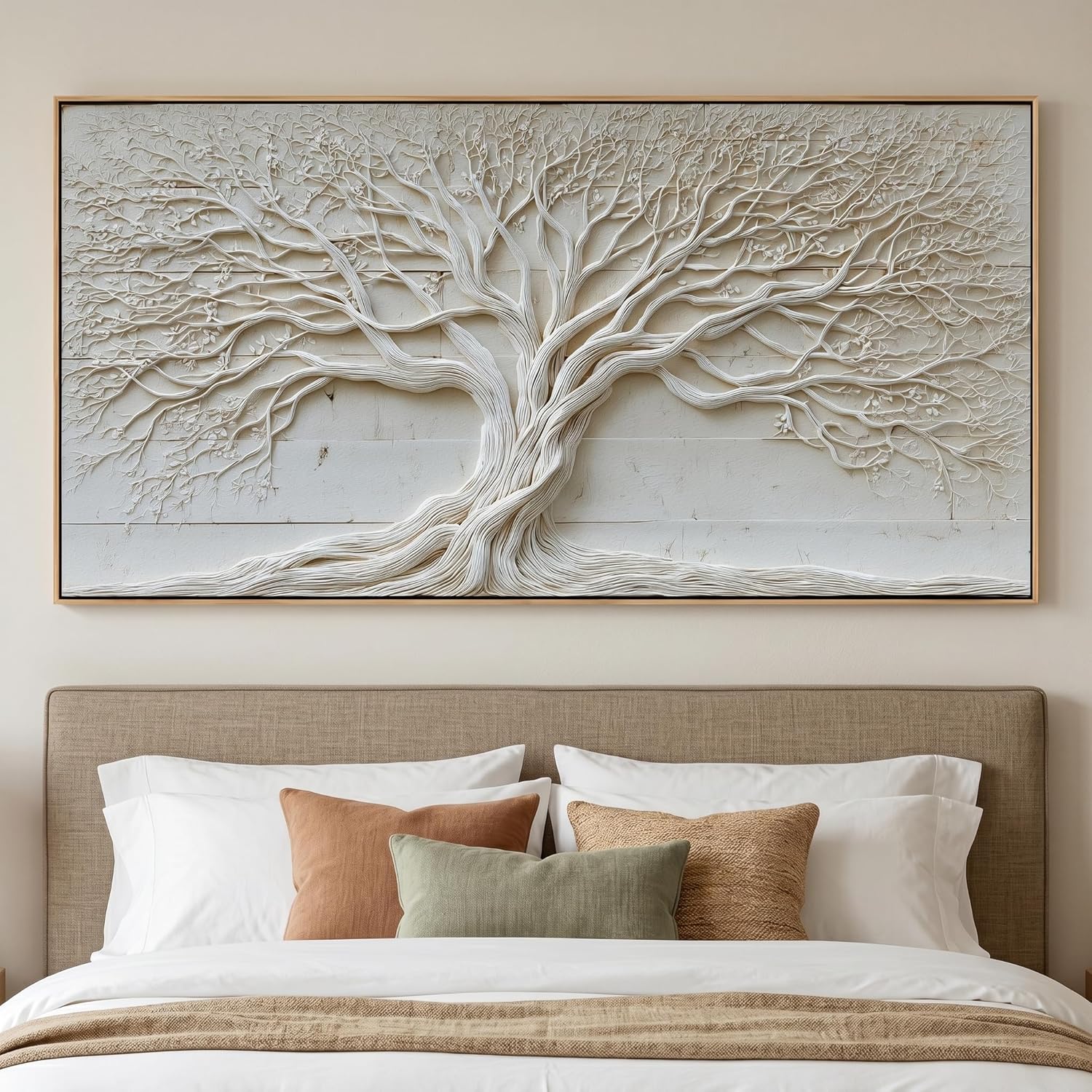 Tree of Life Wall Art White Relief Sculpture Canvas Prints Natural Framed Large Statement Piece 20 x 40 Inches Ready to Hang for Bedroom Living Room Office Hallway Home Decor