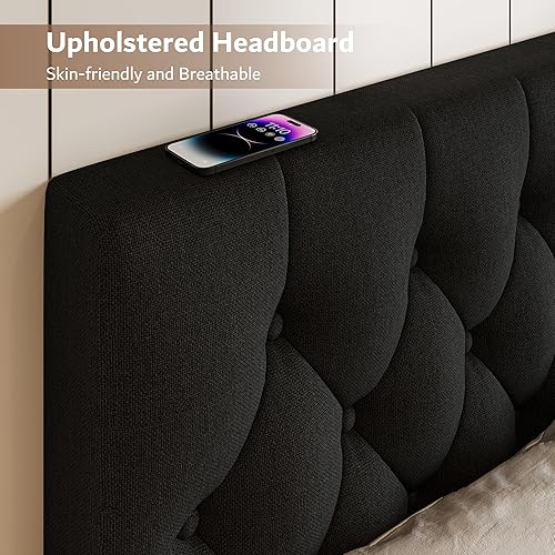 Miniatura 3 de iPormis Base de cama tapizada tamaño Queen con cabecera capitoné con botones, cama plataforma de lino con patas de soporte gruesas, no necesita