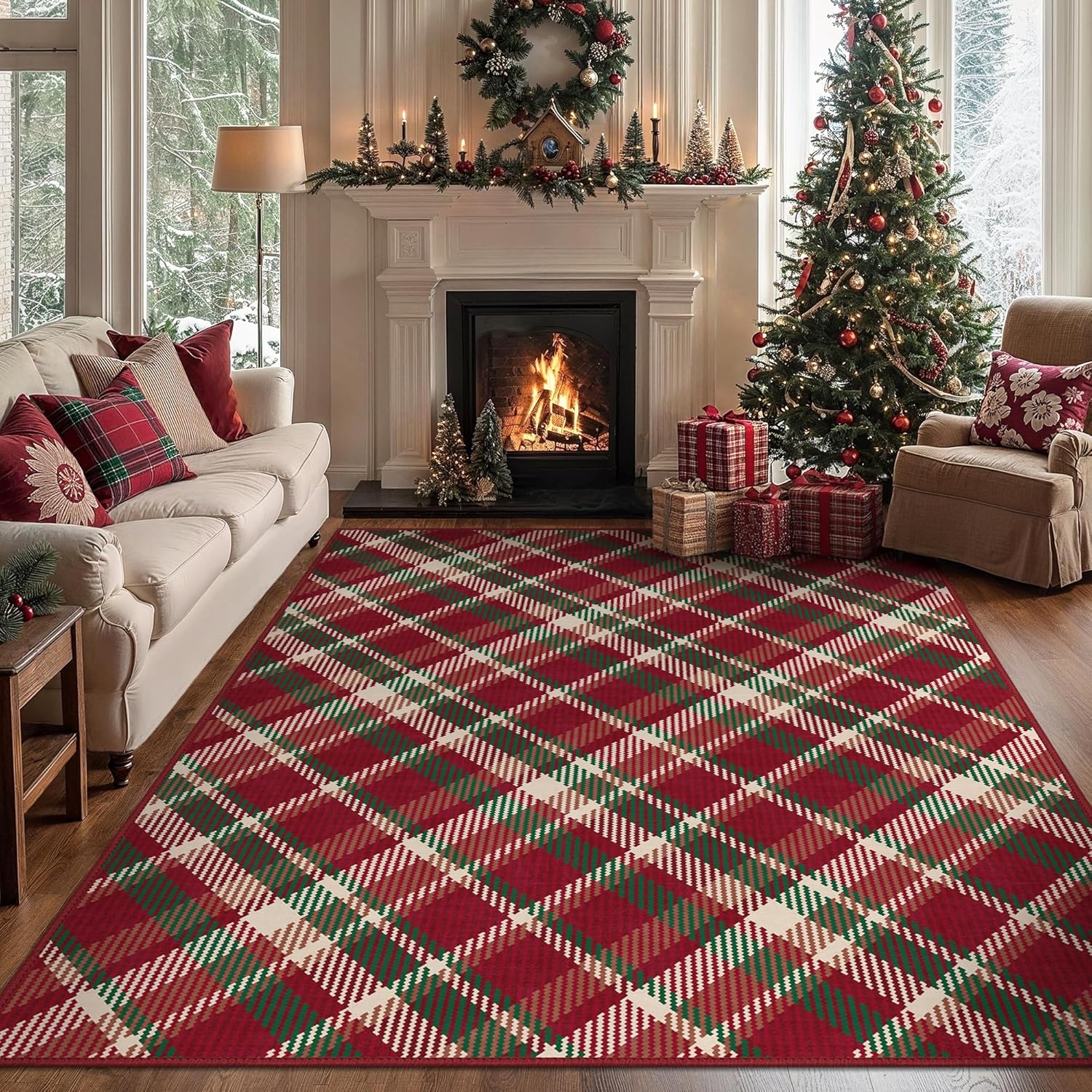 BEIMO Christmas 8x10 Area Rugs for Living Room Bedroom,Xmas Checkered Buffalo Plaid Rug,Machine Washable Low Pile Non Slip Soft Floor Carpet,Holiday Decorative Rug for Dining Room,Ivy-Red Crossweave