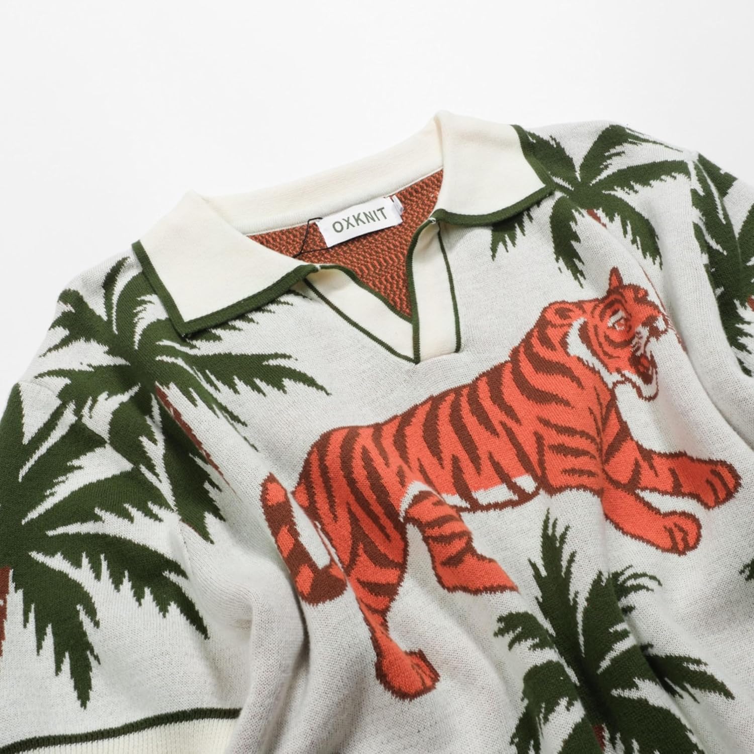OXKNIT Men's Knit Polo Shirts, Retro Coconut Tree and Tiger Pattern Short Sleeves Casual V-Neck White Short Shirts - Image 4