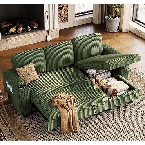 LINSY HOME Sectional Sleeper Sofa Pull Out Couches for Living Room (Green, Sleeper Sofa 1) | Pull Out Sofa Bed, Storage, USB Charging, Cup Holders, Plush Corduroy