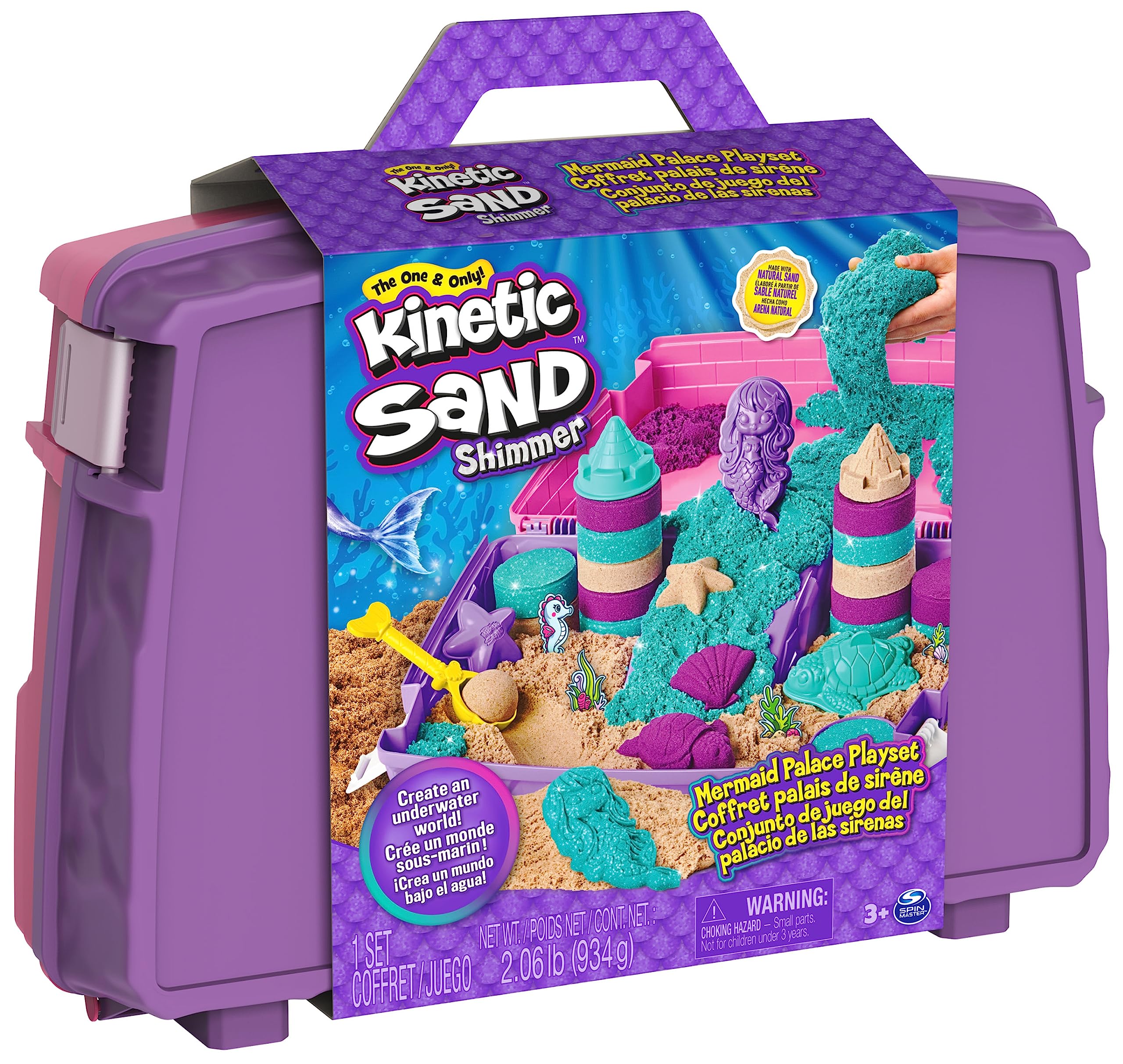 Kinetic Sand Sable Magique - Mallette Palais de Sirène 934 G + 8 Accessoires - Emportez Votre Sable Coloré Partout & Sculptez Vos Créations - Loisir Créatif Enfant - Jouet Enfant 3 Ans Et +