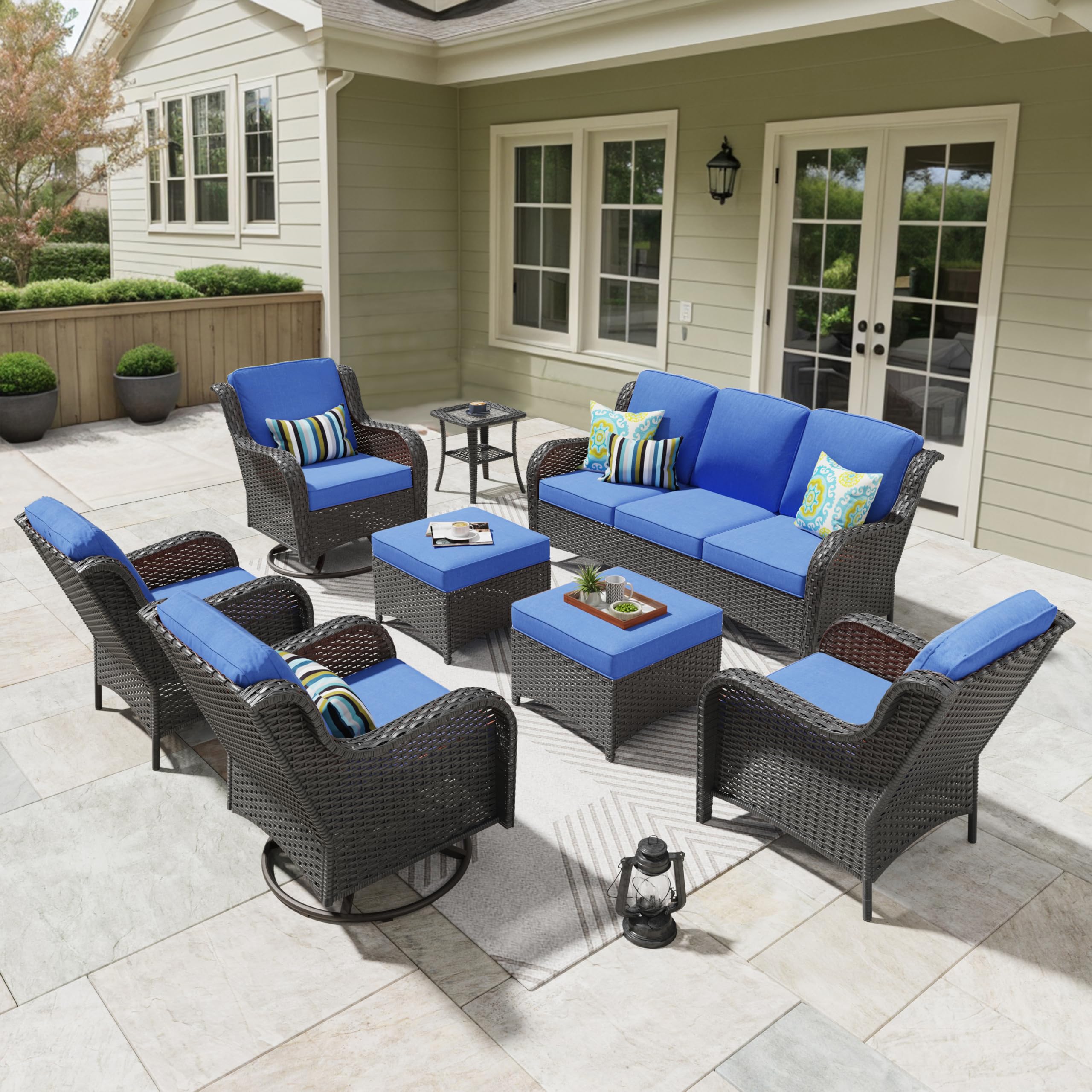 ovios 8 Pieces Patio Furniture Set with Swivel Rocking Chairs, Outdoor Wicker Sofa Couch Comfy Cushions, All Weather High Back Modern Conversation Set, Brown Rattan, Navy Blue