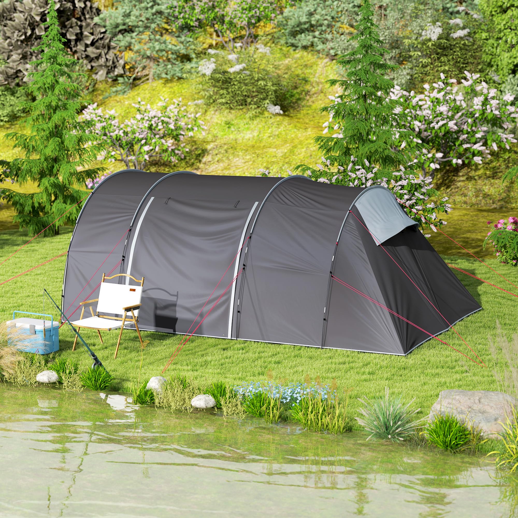 Outsunny Tente de Camping avec Porche pour 4 à 6 Personnes, Tente Tunnel familiale légère ventilée étanche 5 000 mm Montage Facile, Sac de Transport et Tapis Inclus, pour randonnée Trekking, Gris