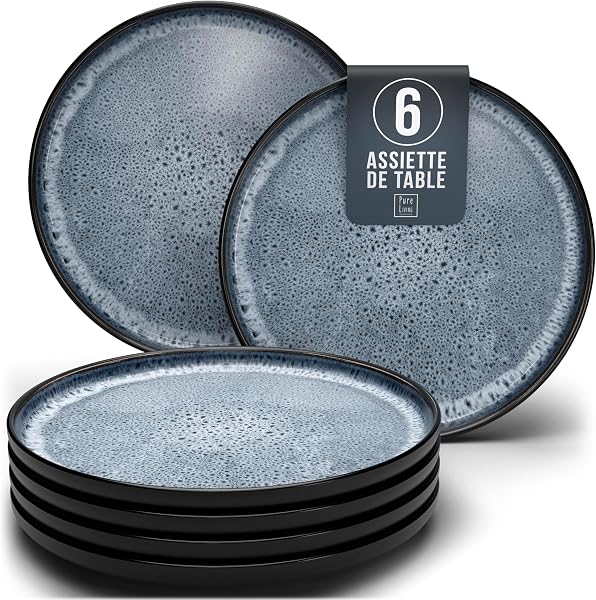 Assiettes Service de Table: Ensemble de 6 grandes assiettes en grès Ibiza - élégantes, compatibles lave-vaisselle et micro-ondes - Service vaisselle 6 personnes, Pure Living bleu fumé - 1
