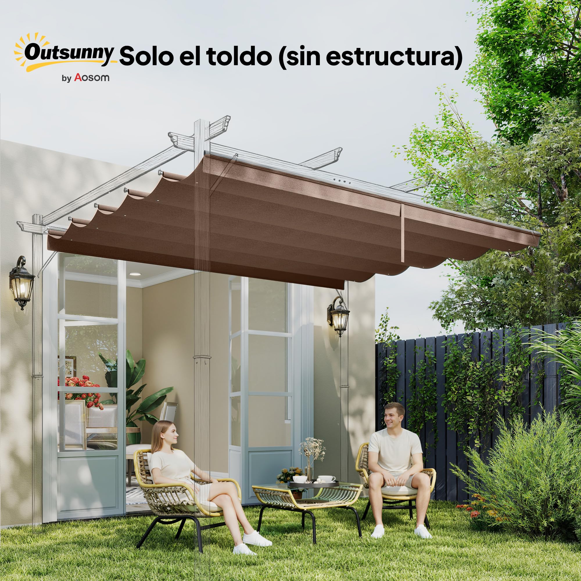 Outsunny Techo de Pérgola 3,5x2,6 m, Techo de Repuesto Retráctil para Marco de Pérgola de 4x3 m, UV30+, Toldo de Tela Solo para Cenador Jardín con 10 Orificios de Drenaje, Café