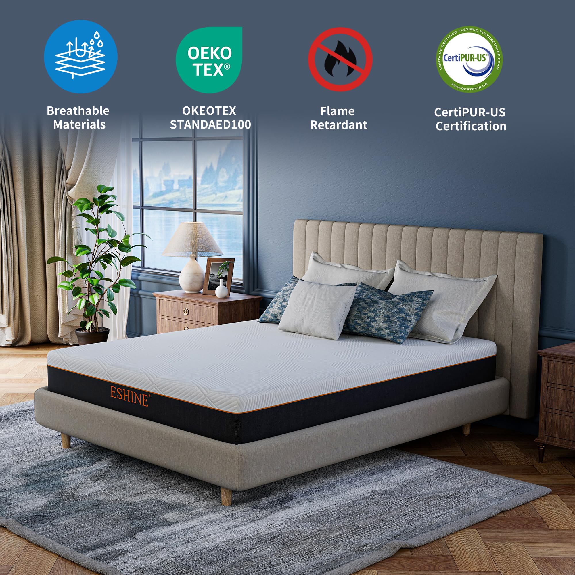 ESHINE Queen 10 INCH Memory Foam Mattress in a Box - Gel Memory Foam Mattresses for Back Pain and Pressure Relief, Green Tea Foam with Flame-Retardant Cover for Comfort Sleep, CertiPUR-US Certified