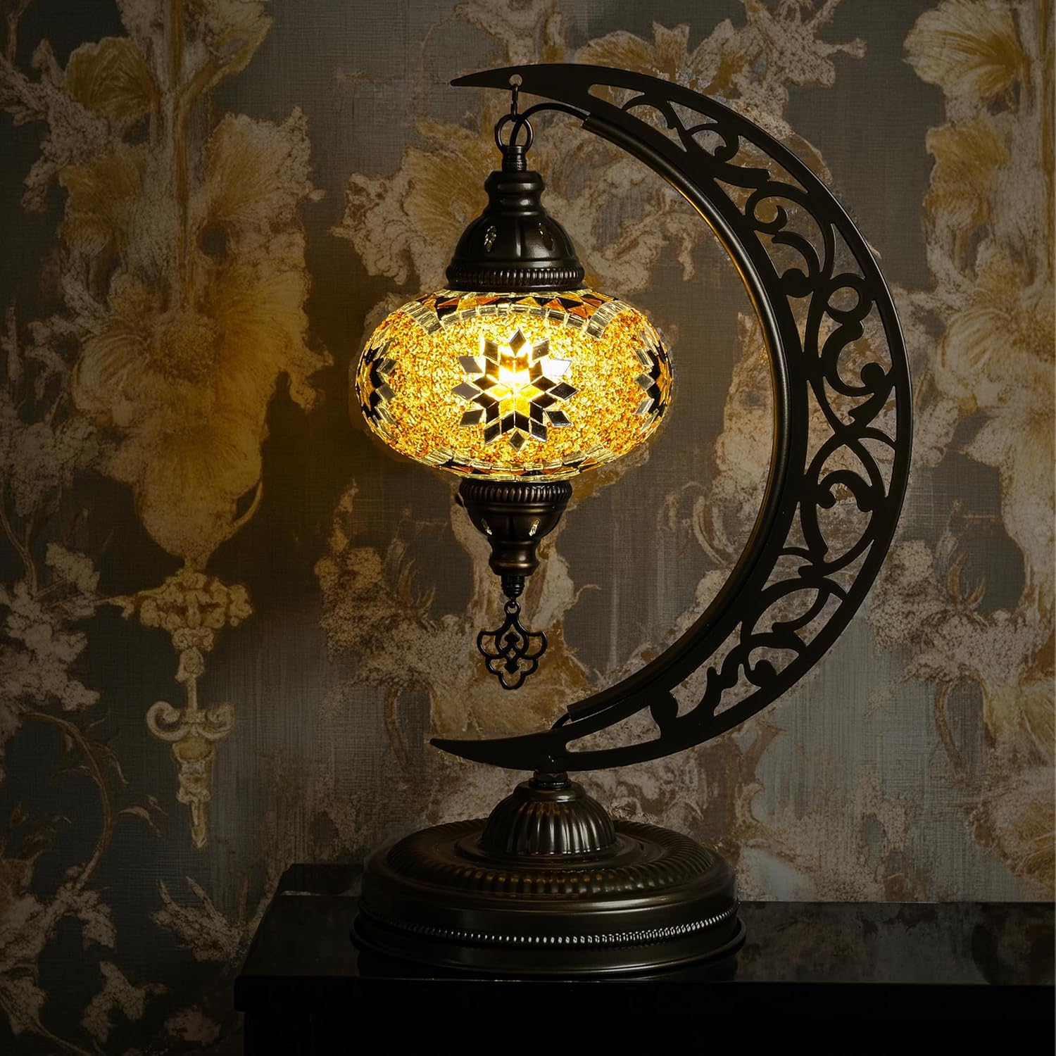 Mozaist Turkish Lamp, Unique Lamps, Moon Shaped Mosaic Table Lamp, Moroccan Handmade Antique Bohemian Vintage Lamp Shade, Tiffany Desk Bedside Stained Glass Lamp with US Plug and E12 Socket
