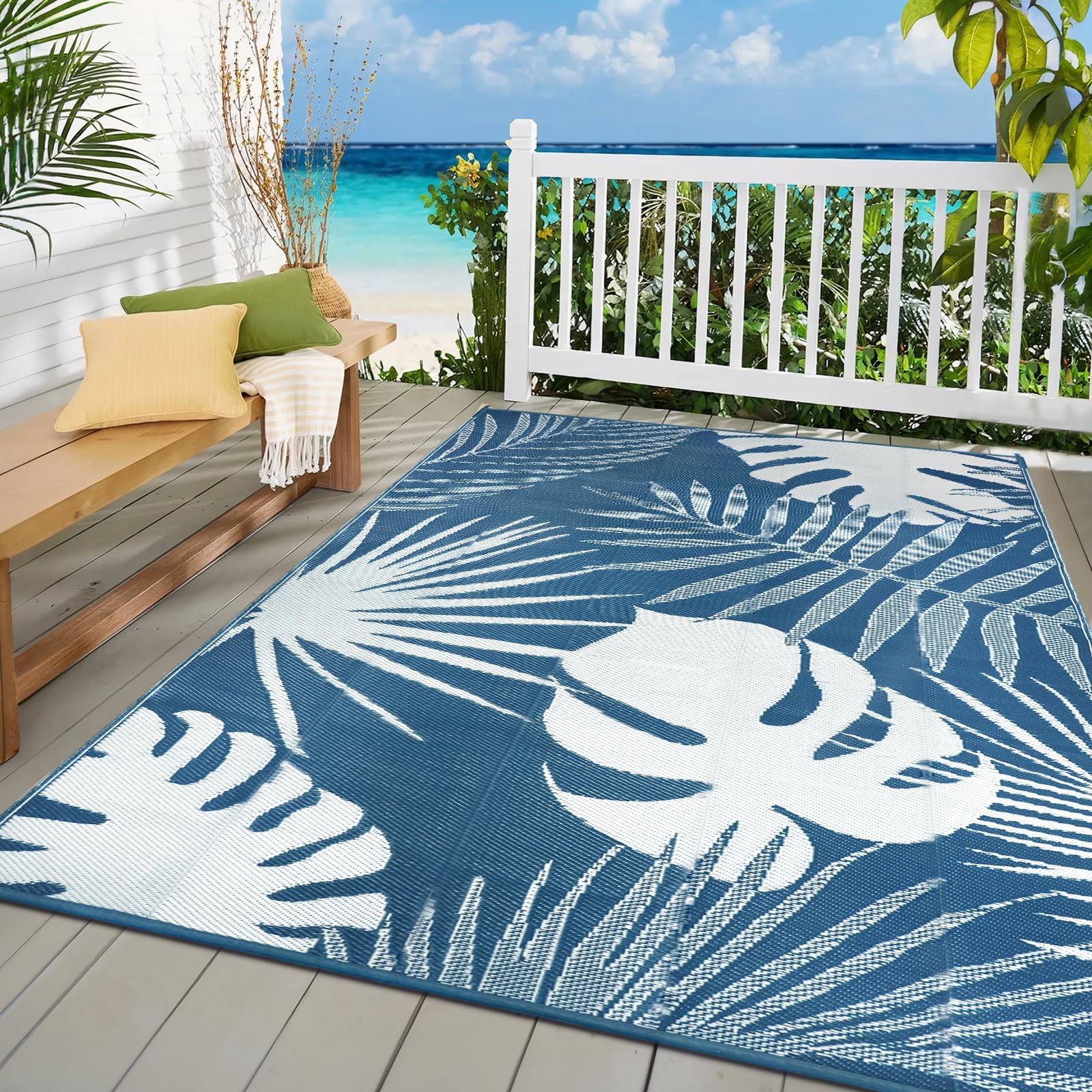 VSIWB Waterproof Outdoor Rug 6x9 ft, Reversible Plastic Straw Mat with Leaf Pattern, Large Floor Mat for Patio, Camping, Picnic, Backyard RV, Deck,