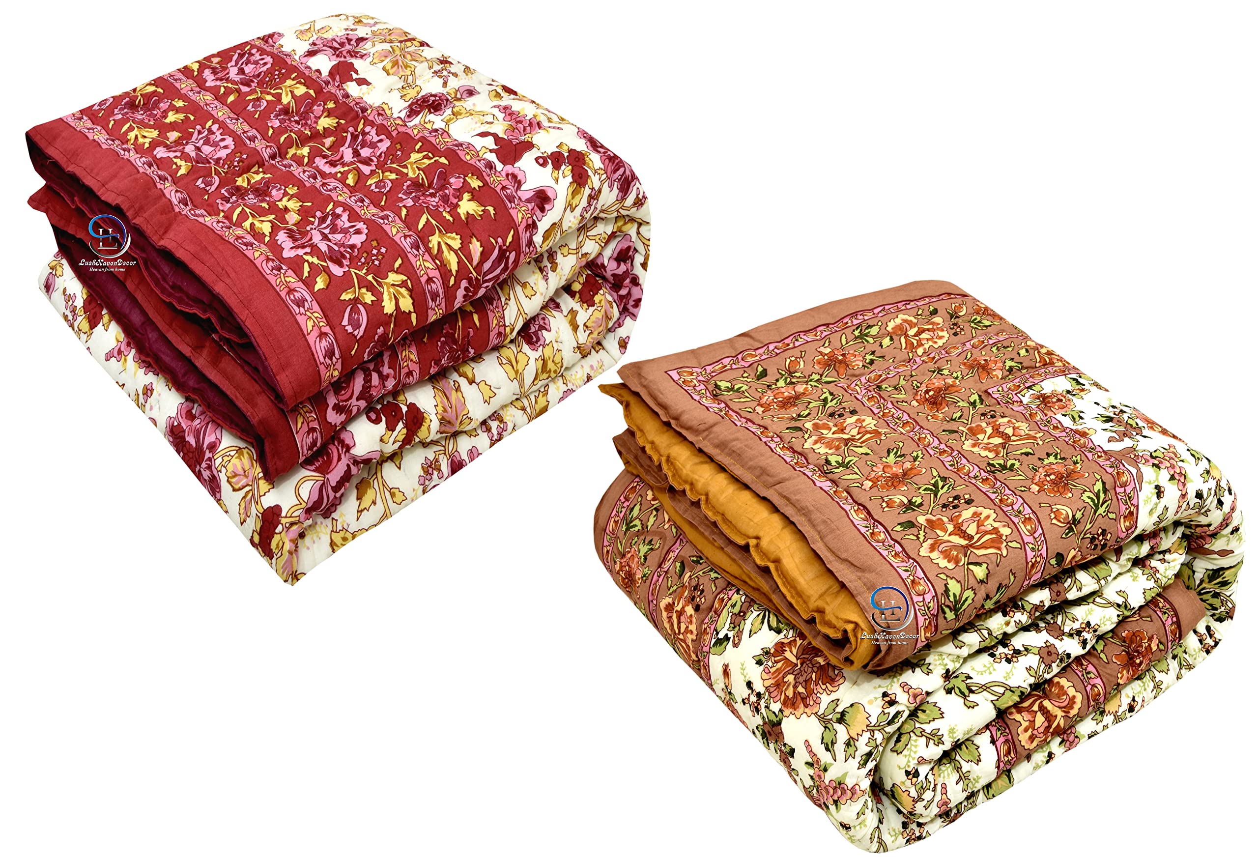 LushHavenDecor210 TC Single Bed Jaipuri Razai Organic Pure Cotton Jaipuri rajai Ac Quilt Soft Light Weight Rajasthani Traditional Cotton Comforter 55 x 85 inch (Beige and Pink, Pack of 2)